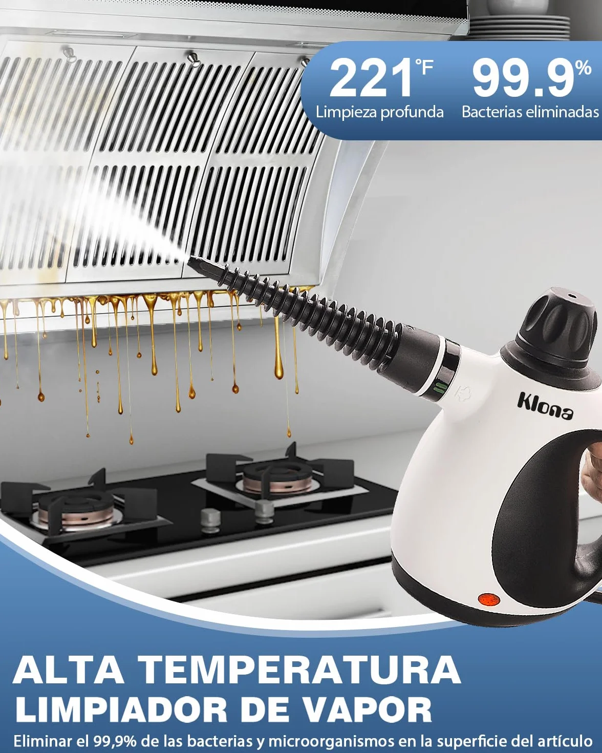 KLONA Limpiador a vapor de mano multiusos con 10 accesorios para alfombras, cortinas, sofás
