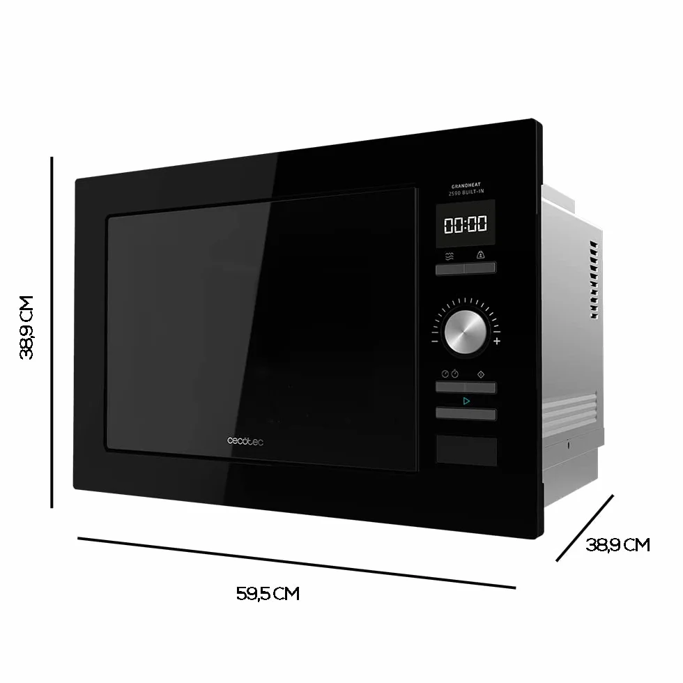 Cecotec Microondas encastrable Digital GrandHeat 2590 Built-In Black. 900 W, Integrable, 25 Litros, Táctil, Grill 1000 W, 8 Funciones preconfiguradas, Temporizador