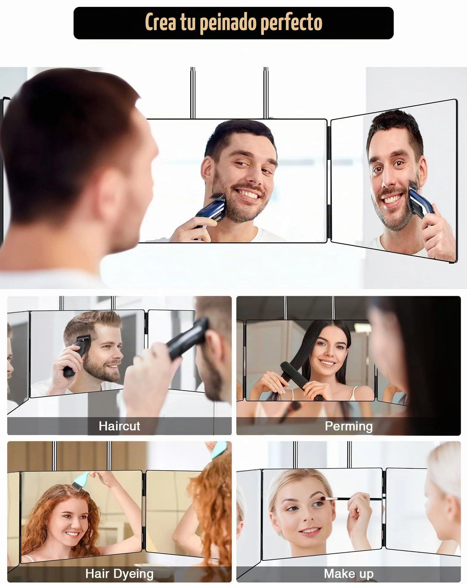 JUSRON Espejo de Pared 360°, Triple Plegable, con Corte Automático, Altura Regulable