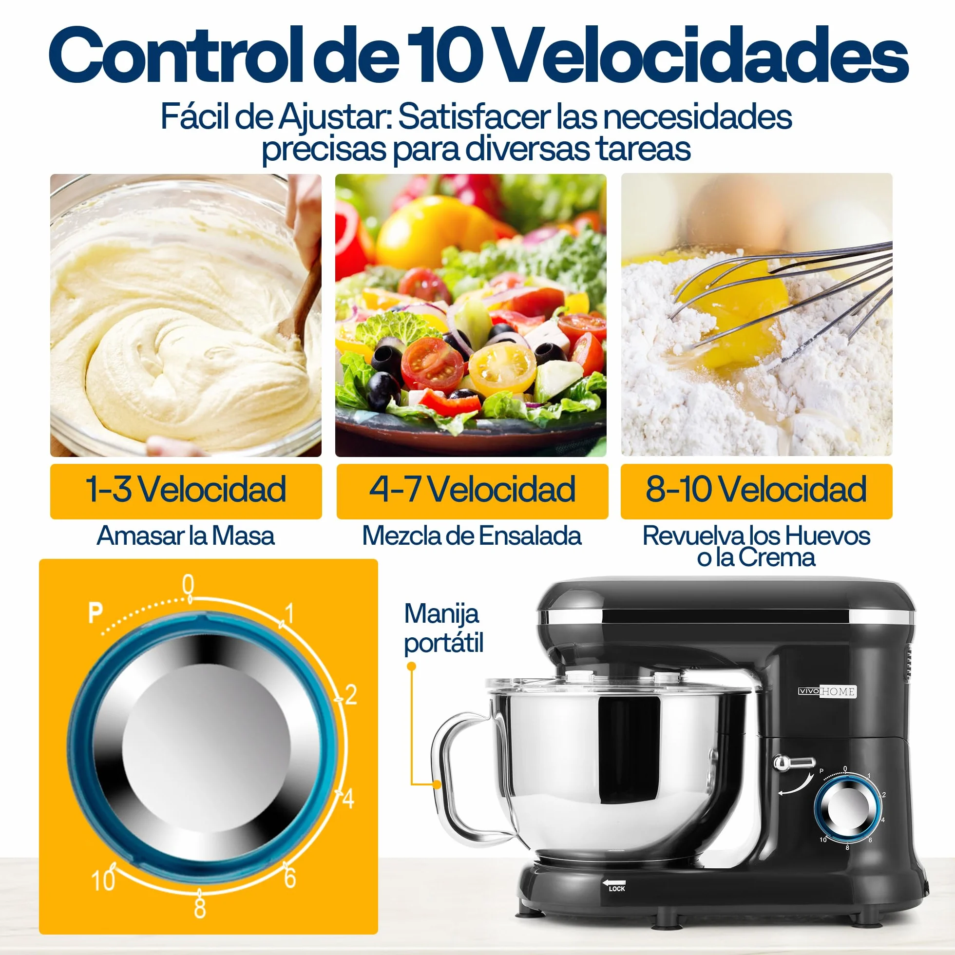 VIVOHOME Batidora Amasadora 10 Velocidades 1500W 5,7L para Repostería Profesional, Amasadora de Pan Varillas Multifunción Bol de Acero Inoxidable, Negro