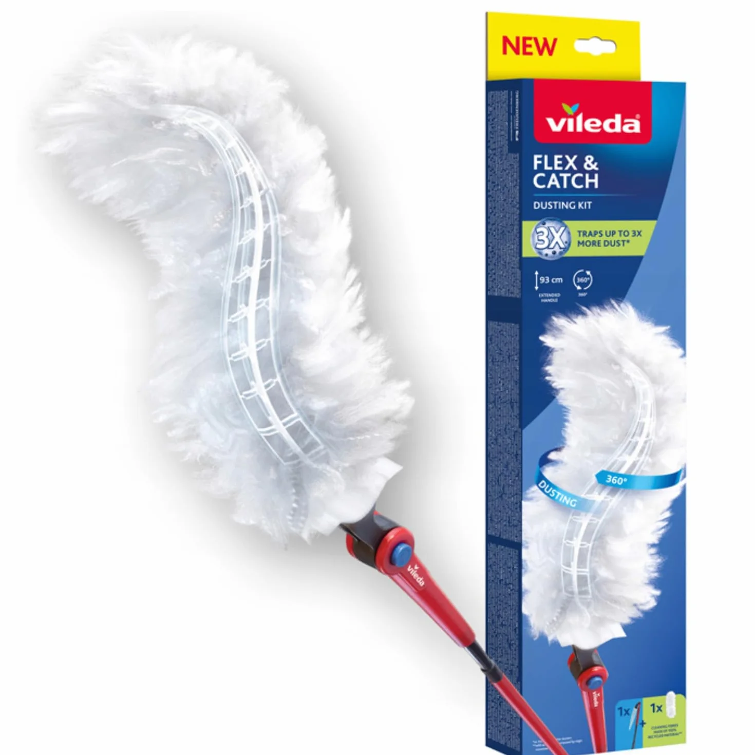 VILEDA Flex & Catch Plumero con Mango Extensible de 93 cm, 1 Recambio Completo, Limpieza de 360°, Flexible, Limpieza máxima
