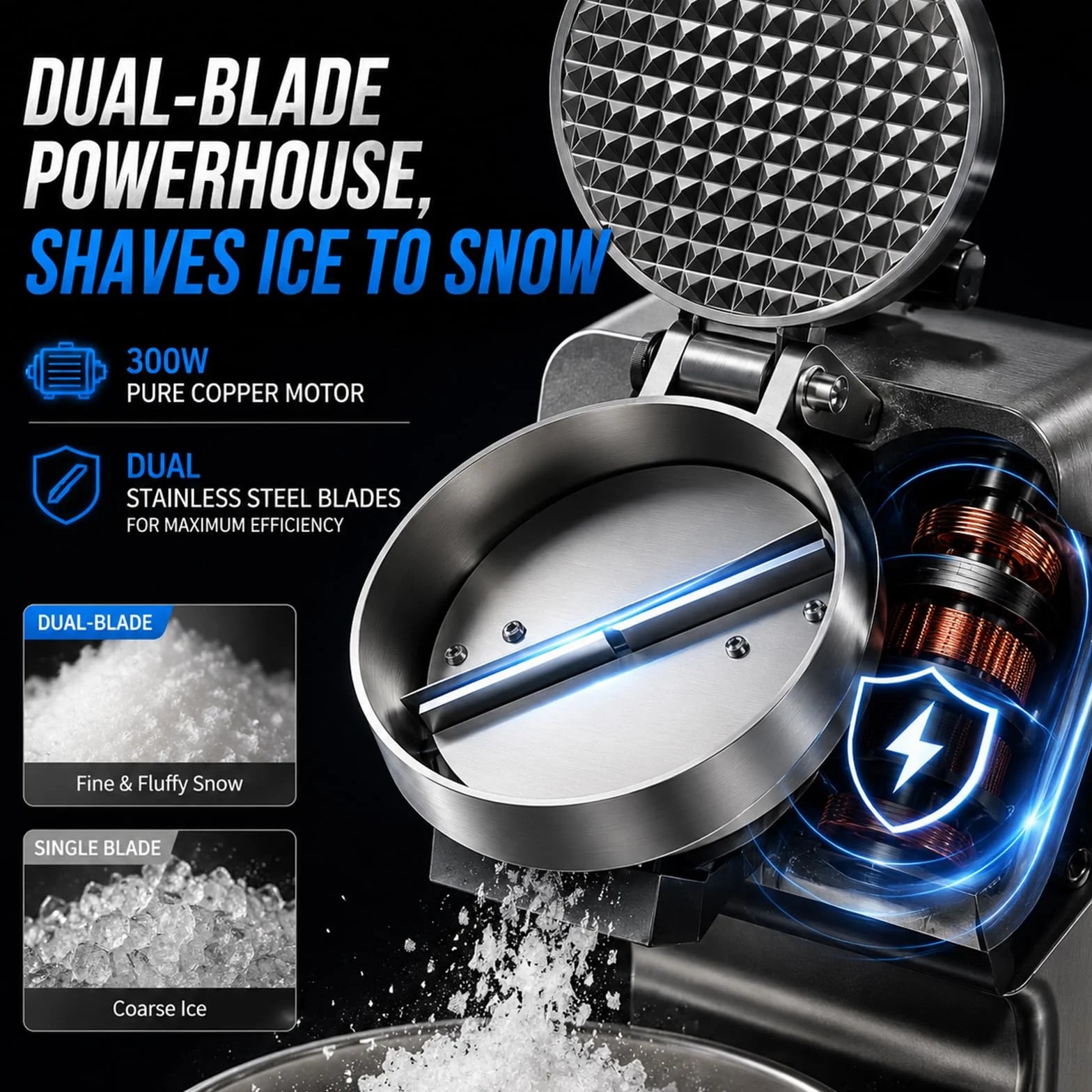 Picadores de hielo eléctricos, máquina para hacer conos de nieve para uso doméstico y comercial, mejora la salida de hielo de 16cm pulgadas de altura, cuchillas dobles, 65kg/h, 300 W/2000 RPM, plata