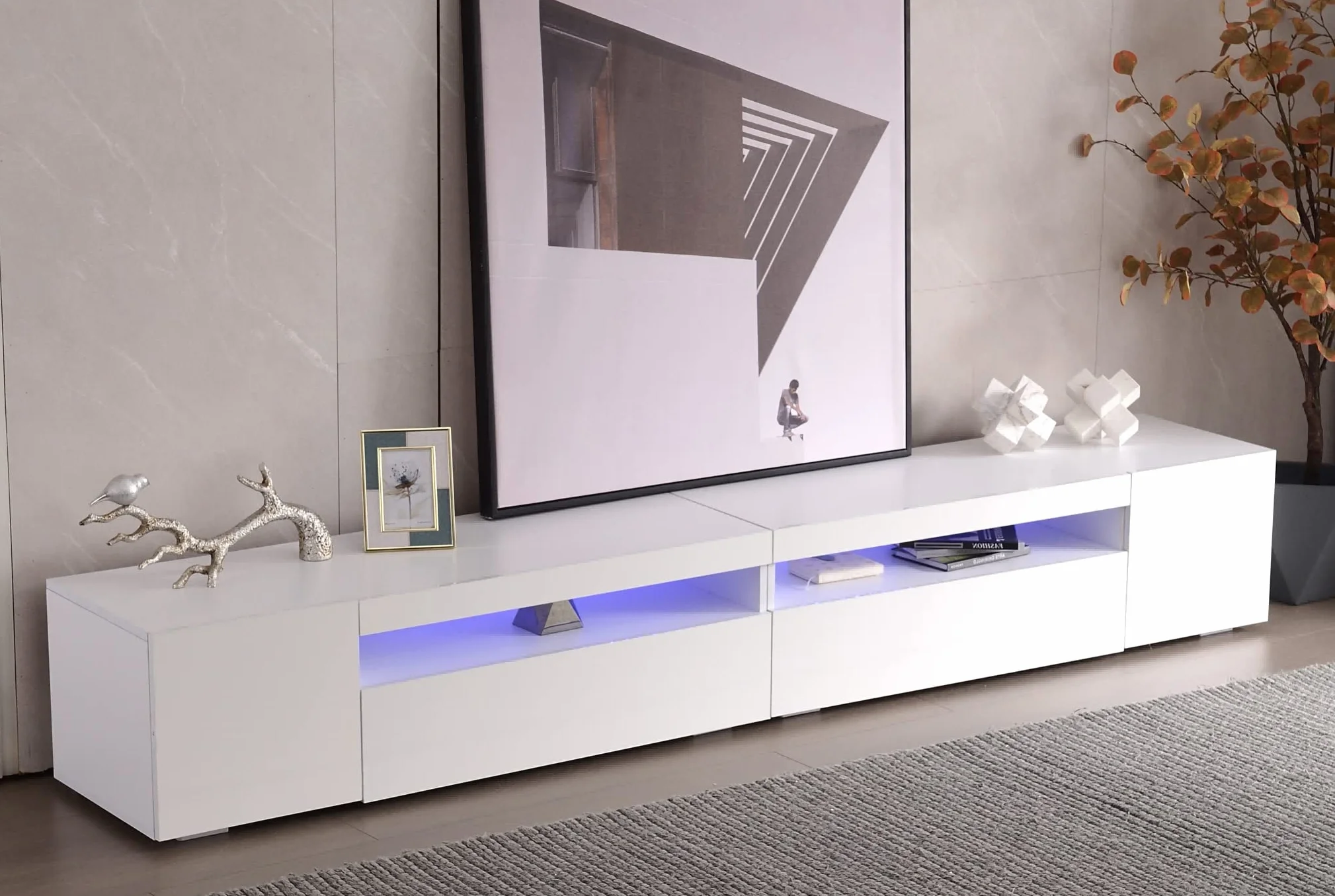 Mueble de TV moderno blanco, panel brillante, iluminación LED variable, salón y comedor 240 cm