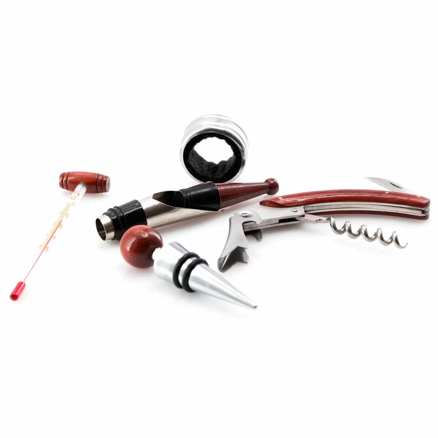 Elegante juego set de vinos con sacacorchos, dosificador, Recoge gotas, tapón y termómetro. Regalos orginales cumpleaños hombres, día del padre, novios, maridos, agradecimientos o Navidad.