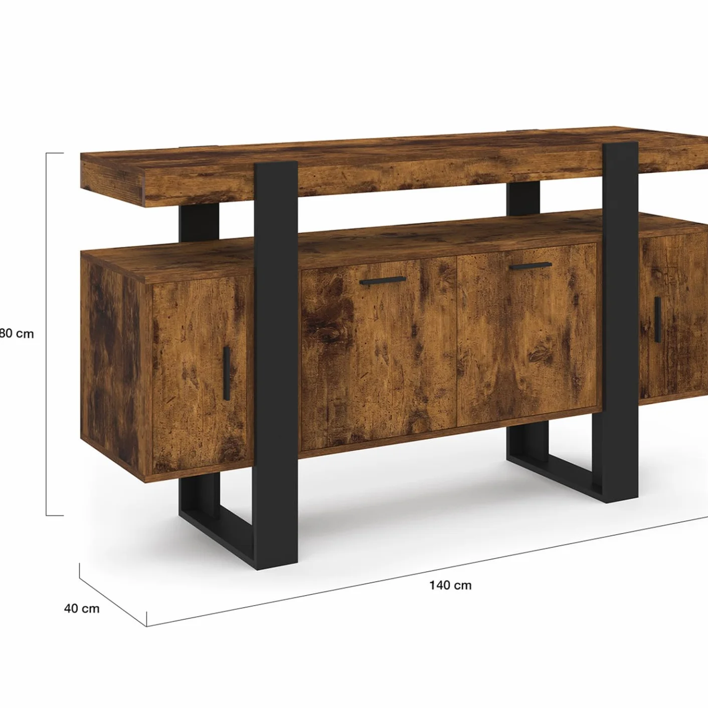 IDMarket Phoenix - Aparador de 140 cm, 4 puertas, efecto madera antigua y negro