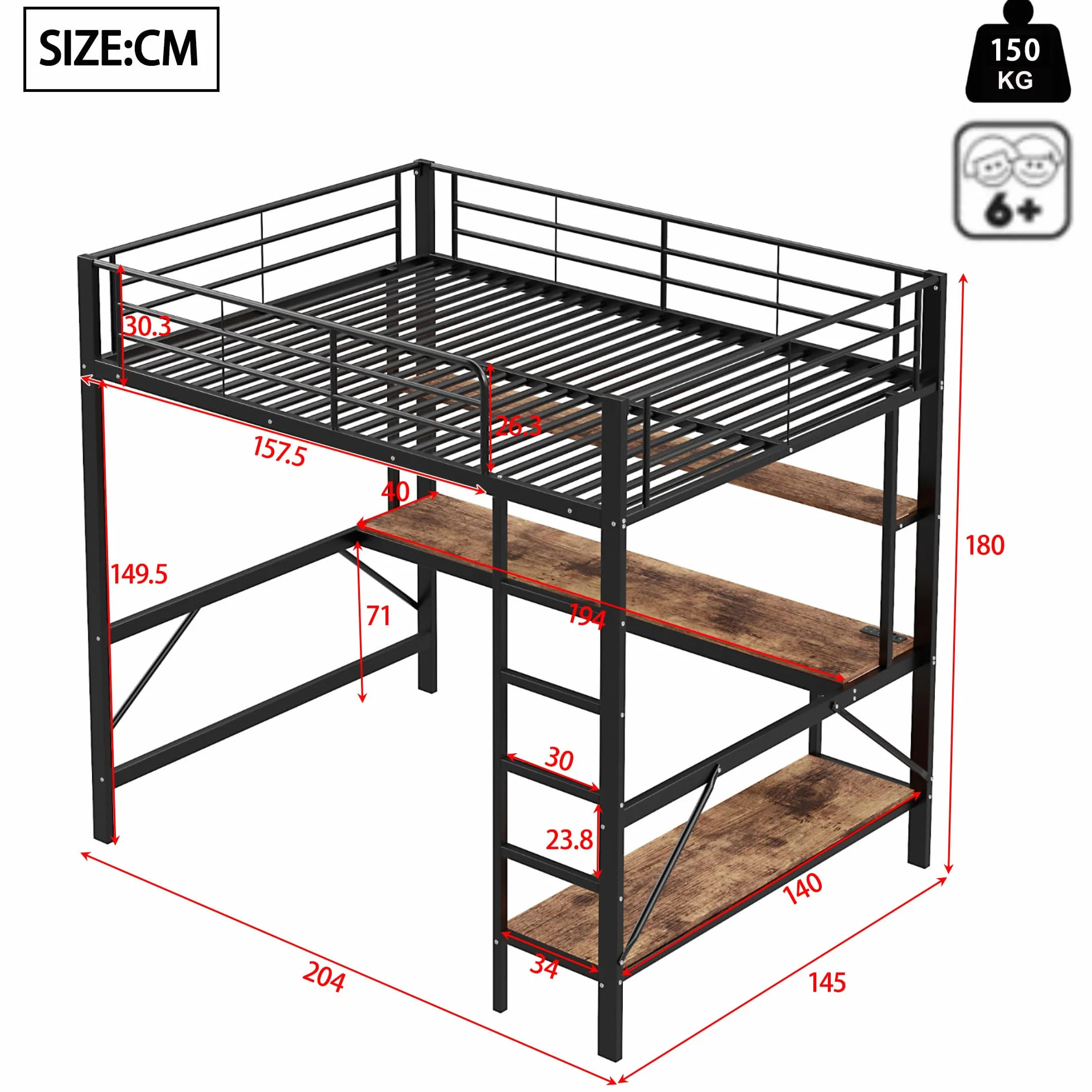 Seyakany cama Mezzanine Infantil 140 x 200 cm, cama Mezzanine de metal de 2 plazas con barreras y escalera, con tomas USB y eléctricas, con iluminación LED, escritorio, varias estanterías, sin colchón