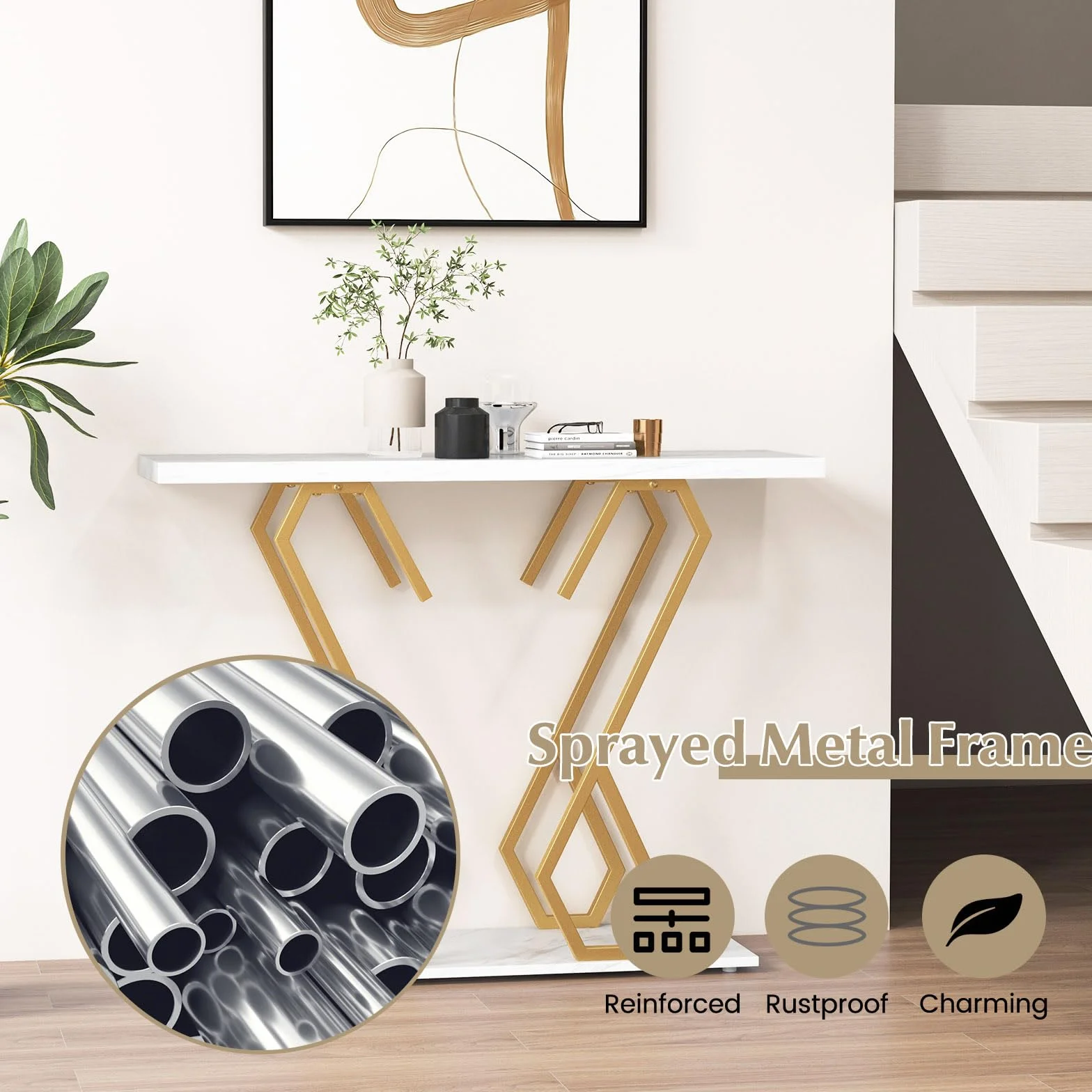 LIFEZEAL Consola de 2 Niveles, Mesa Auxiliar de Entrada con Tablero de mármol, Mesa de recibidor con Marco de Mariposa, Mesa Decorativa Estrecha para salón y Pasillo, 100 x 30 x 79 cm