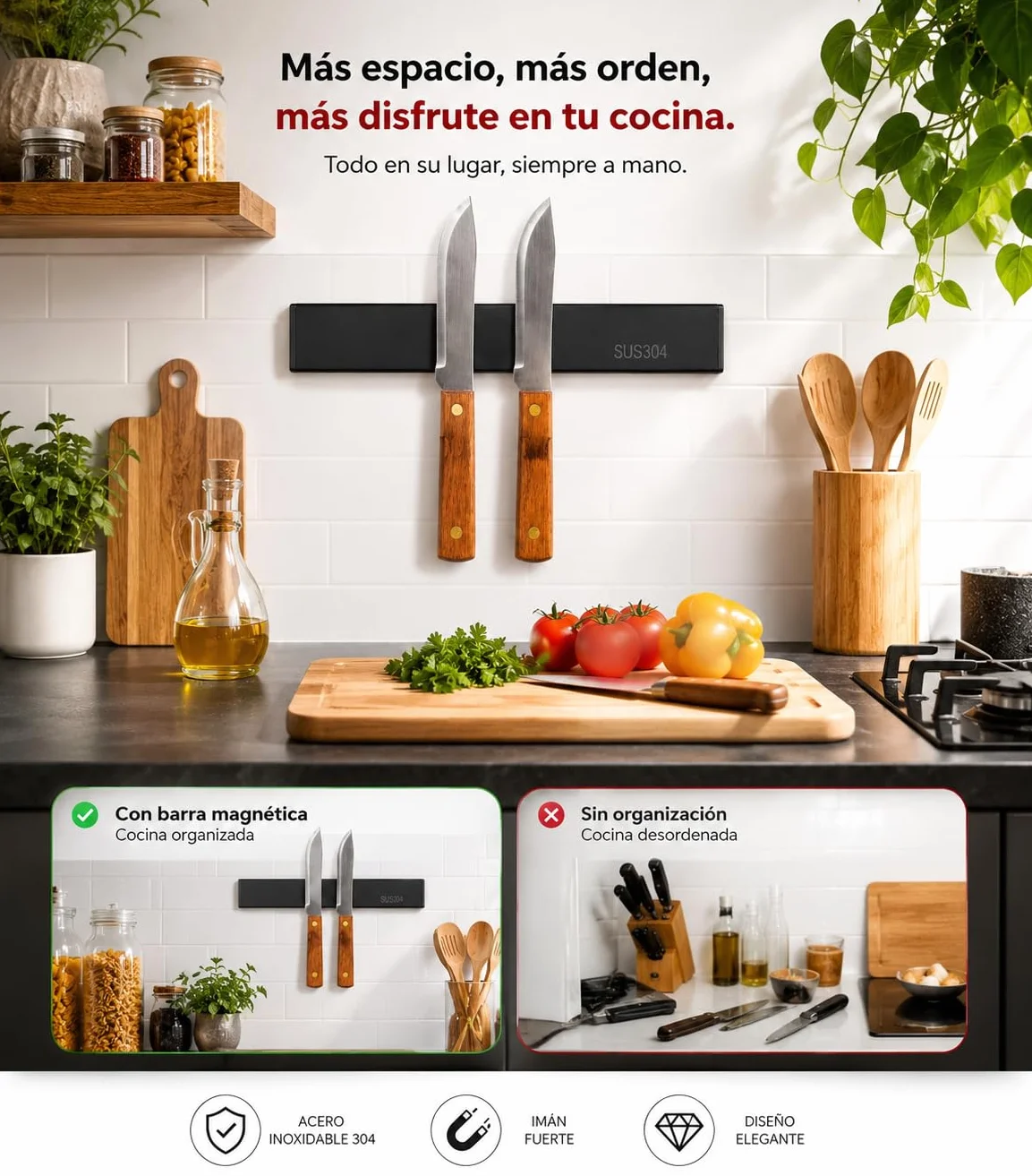 Soporte Cuchillos Cocina Imán 30cm Autoadhesivo con 2 Cuchillos