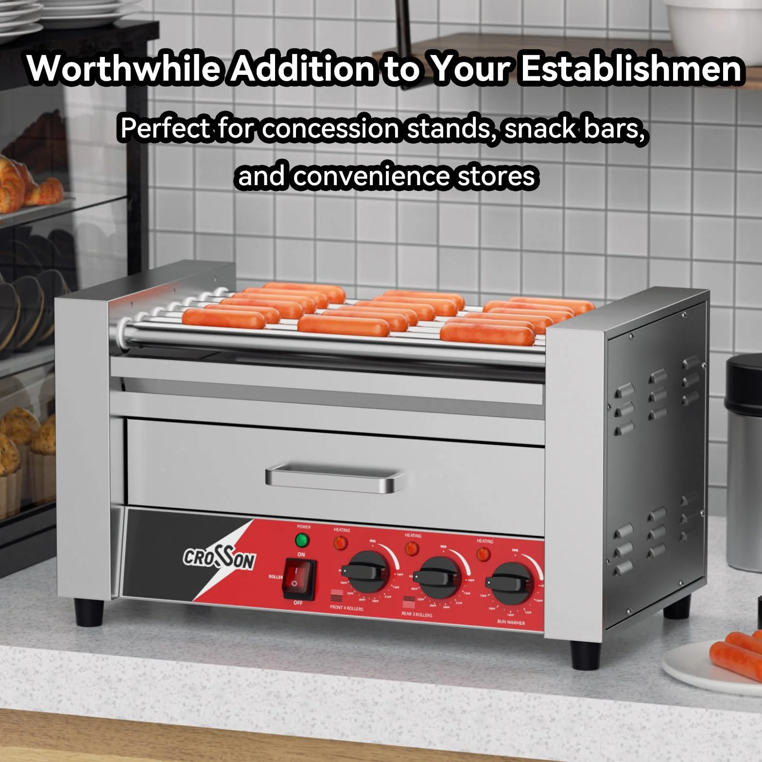 CROSSON 2 IN 1 Maquina de Perritos Calientes Profesional 7 Rollos,1350W Hot Dog Maquina de Acero Inoxidable con 2 Zonas de Calentamiento y Control de Temperatura Dual