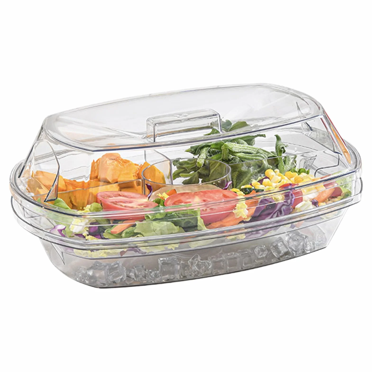 Bandeja de servir fría para fiestas, plato de 4 compartimentos con tapa, perfecto para frutas, aperitivos, postres, verduras, mariscos y camarones, cocta - Ideal para picnic y nevera