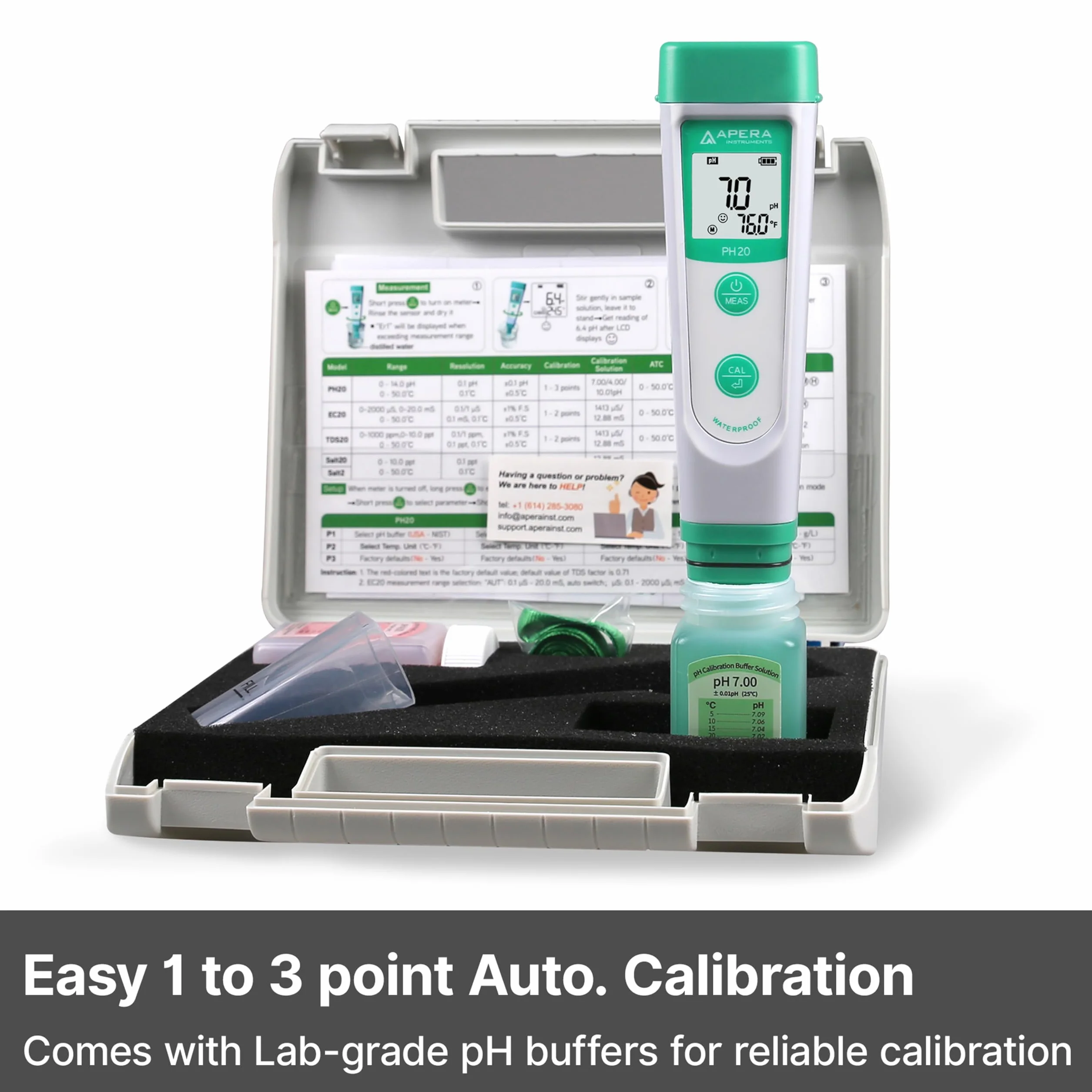 Medidor de pH PH20 de Apera Instruments, medidor de bolsillo (precisión ± 0,1 pH, rango de medición pH 0-14, resistente al agua, indicador de temperatura) Juego con soluciones de calibración
