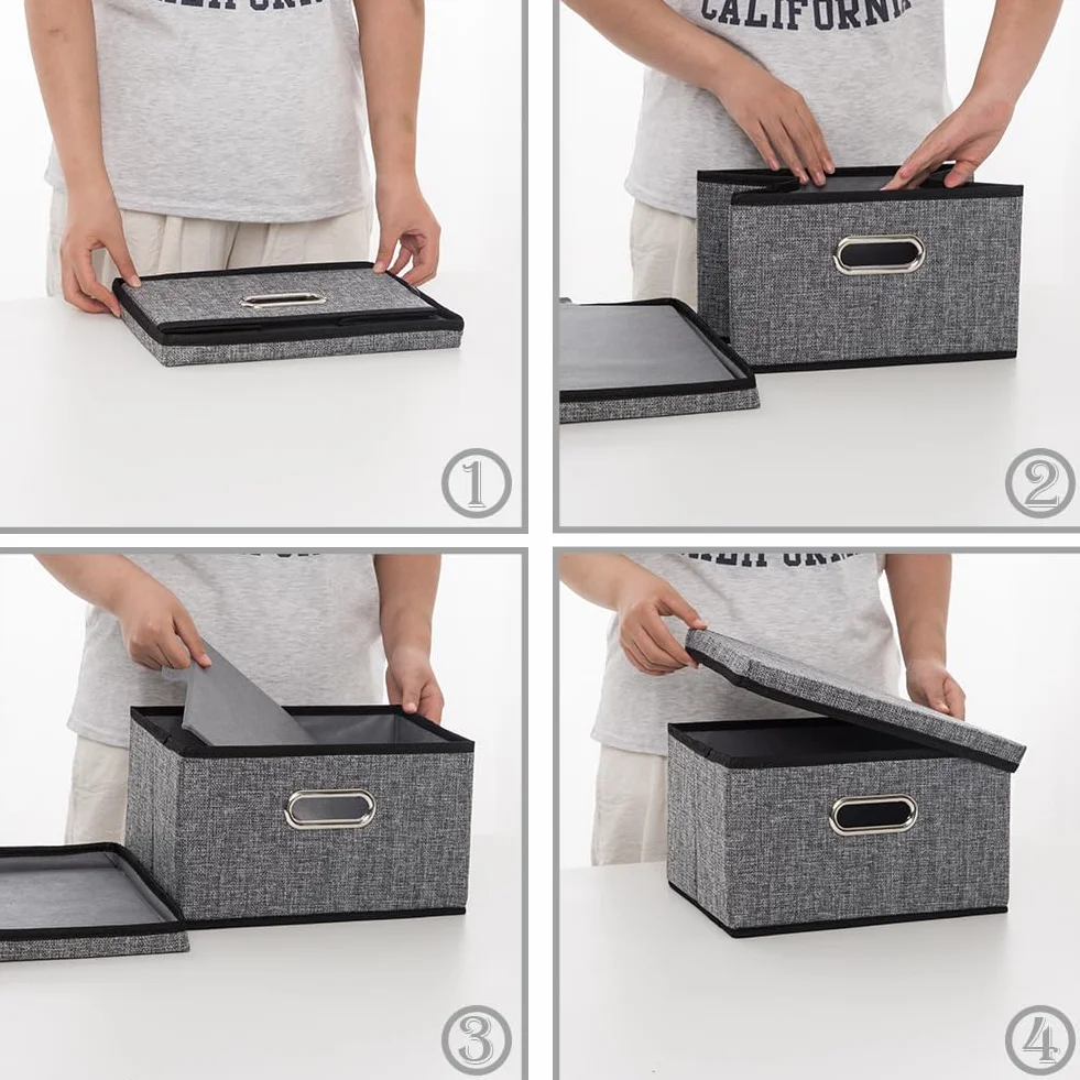 Prandom Caja de almacenamiento plegable con tapa[Paquete de 1],cajas almacenaje decorativas,Contenedor organizador de lino con asa,gris(29x22x17cm)