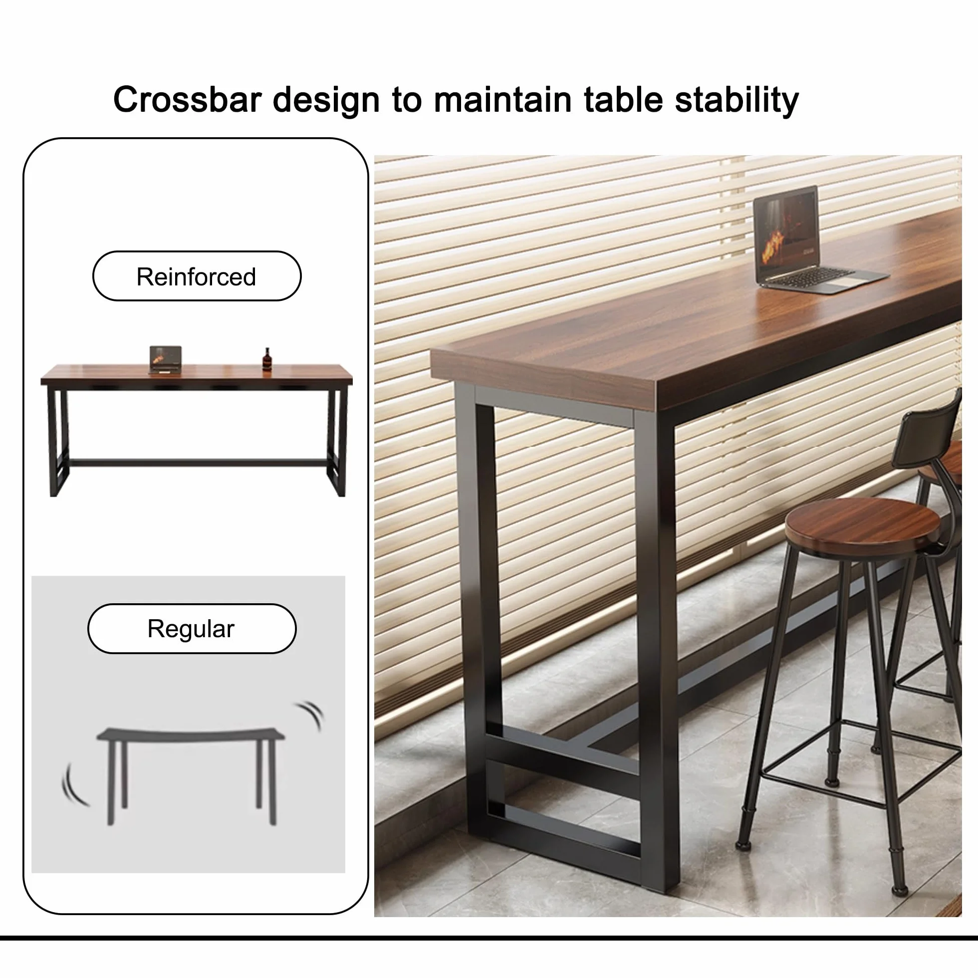 Mesa Alta Bar Rectangular Mesa Auxiliar Cocina Estrecha con Estructura de Metal para Cocina Cafetería Comedor Sala de Estar(Walnut,160x40x105cm)