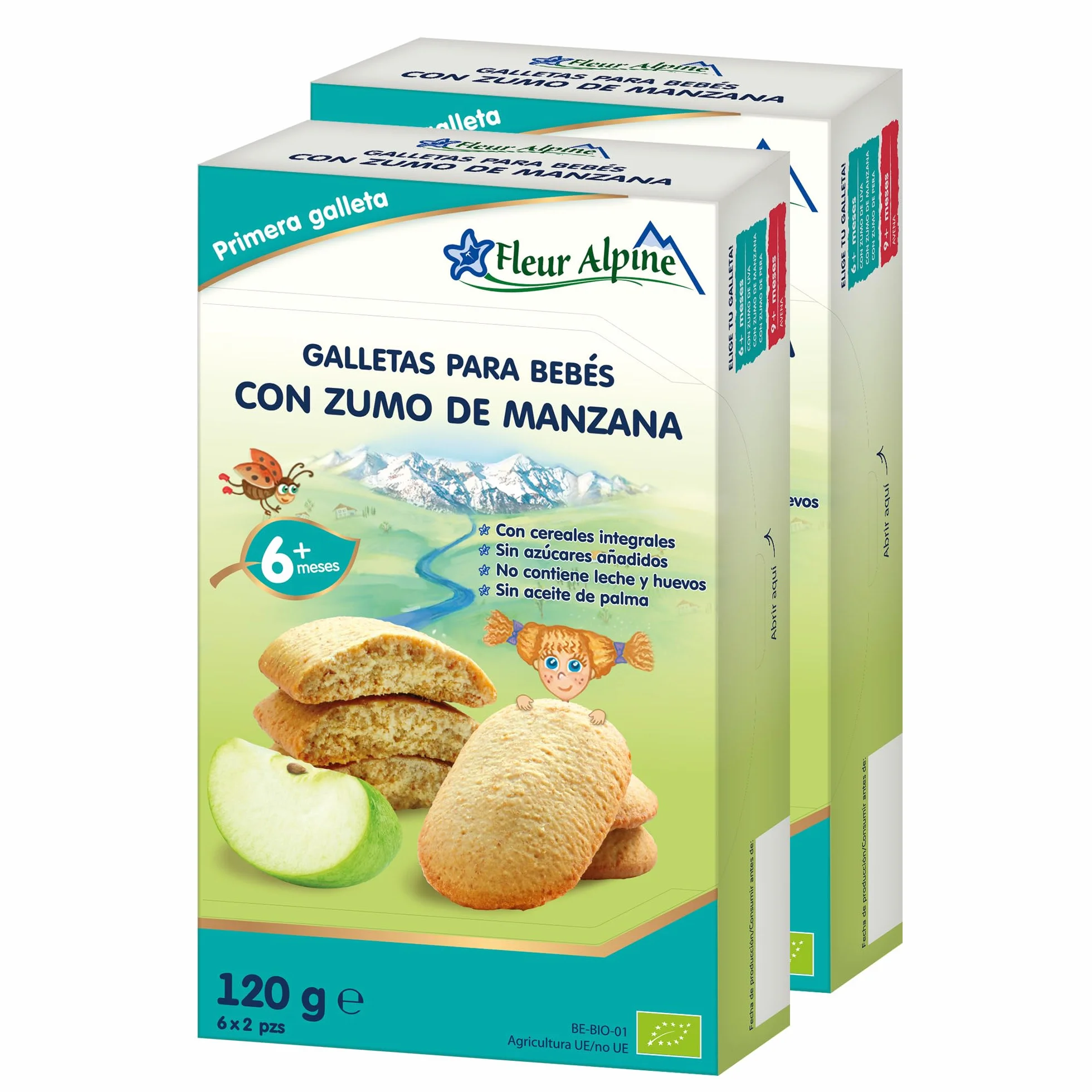 FLEUR ALPINE Galletas para Bebés con Jugo de Manzana 12x2 Bocadillos Orgánicos Sin Azúcar Añadida 6 meses