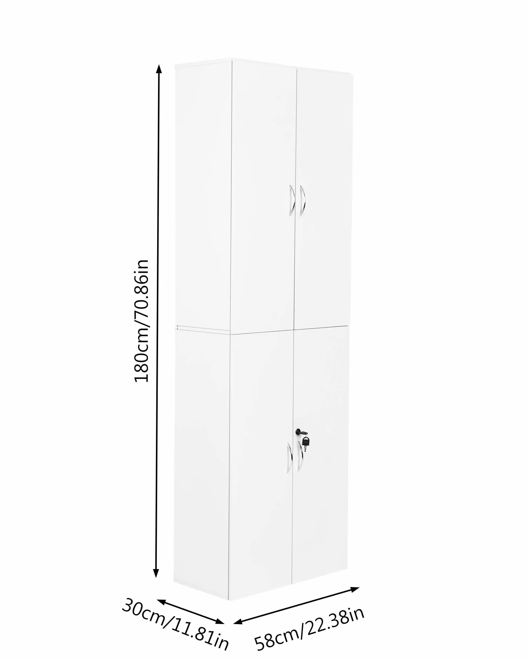 Armario archivador con cerradura, armario de oficina blanco con puertas, 58 x 30 x 180 cm, armario multiusos de madera, armario estrecho para oficina, pasillo, armario multiusos moderno