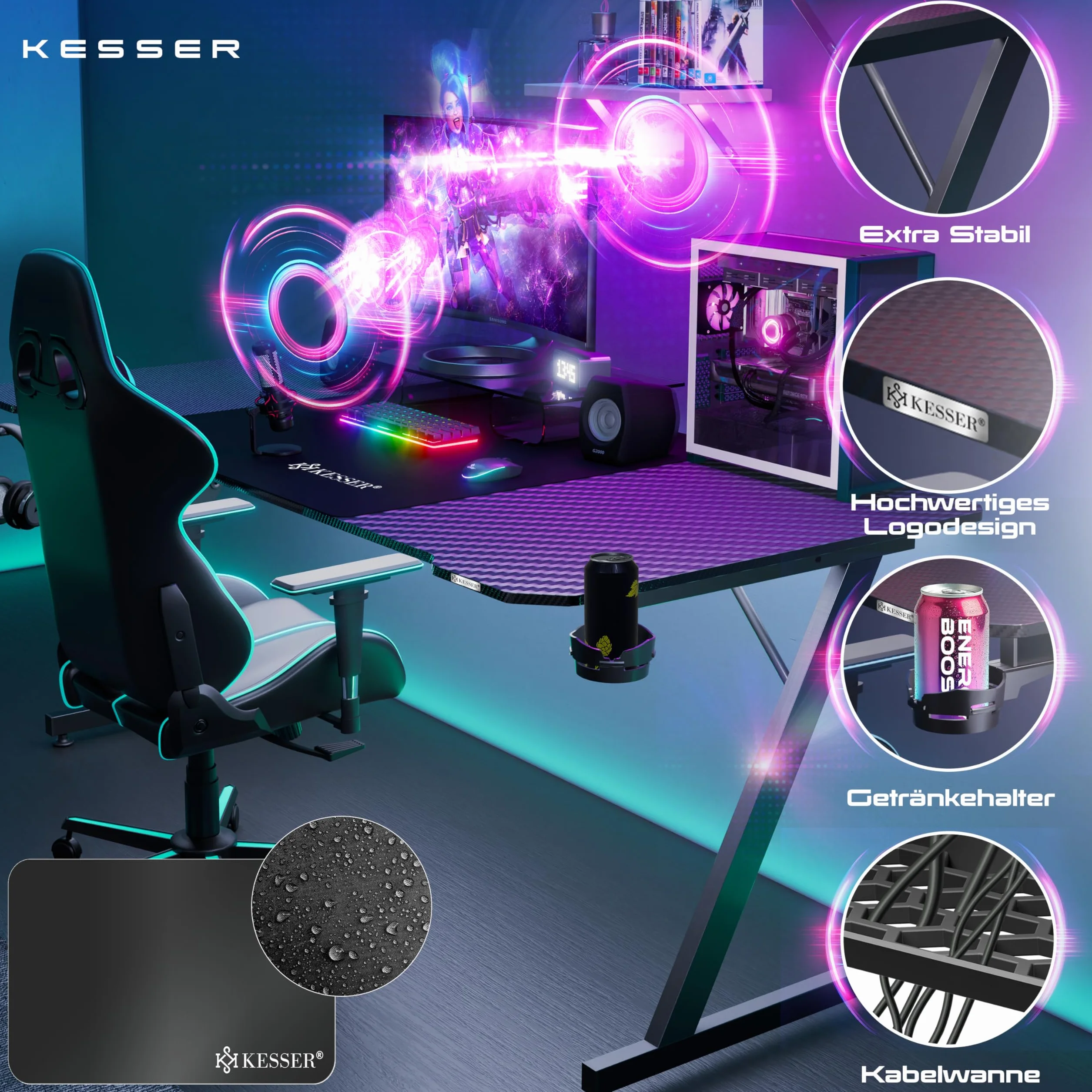 KESSER® Mesa Gaming | 180 x 80 cm | Escritorio para Gamer en Forma de Z | Soporte para Auriculares | Mesa ergonómica para Ordenador | Incl. Alfombrilla de ratón y Soporte