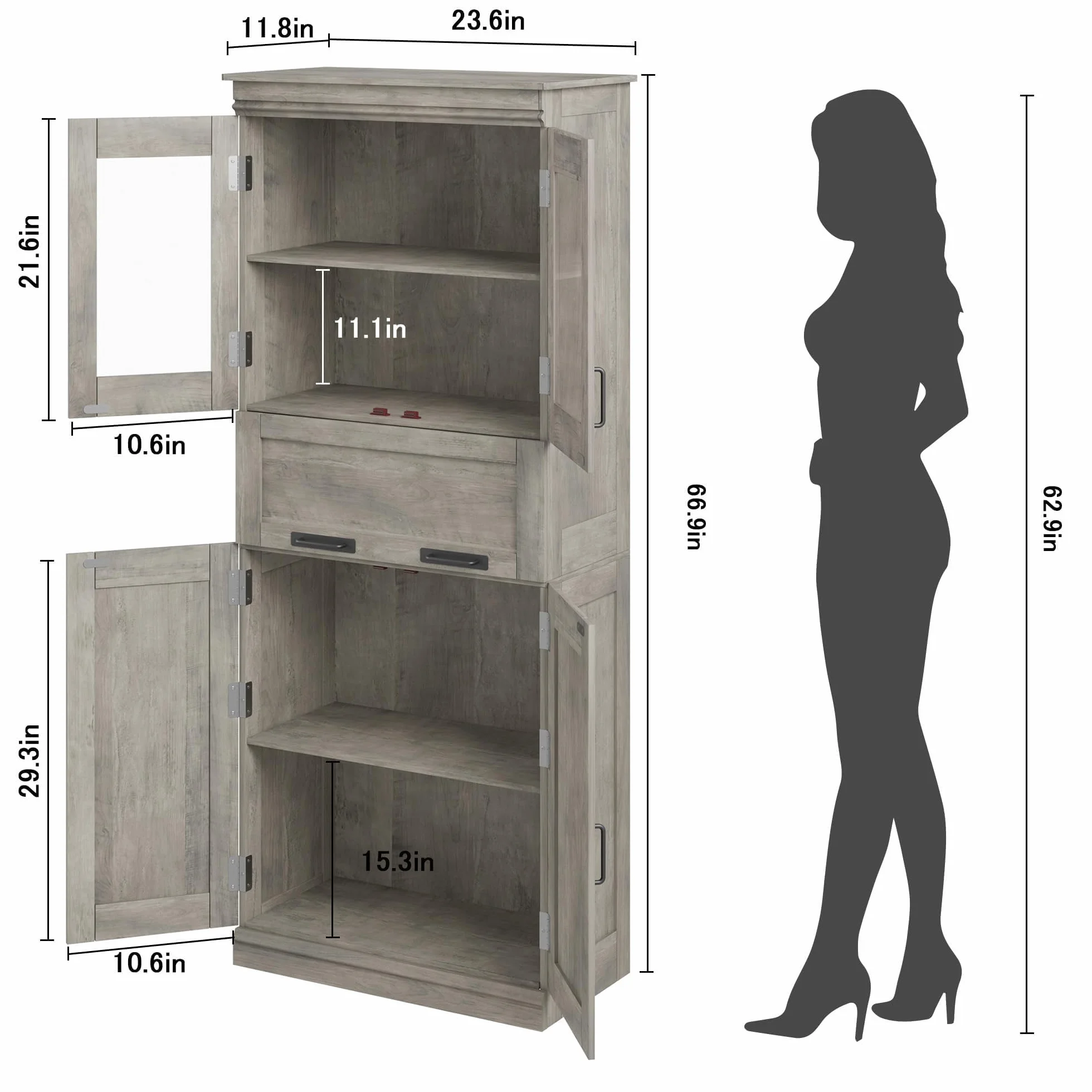 Armario de Baño Estilo Clásico Antiguo, Premium Ancho, Gran Almacenamiento, Ideal para Cocina, Baño y Salón. Estructura de Madera Maciza. 60 × 30 × 170 cm, Color Gris