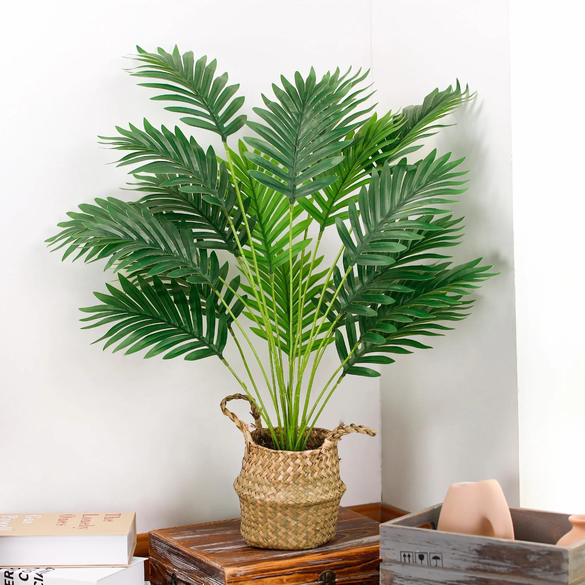 Der Rose Palmera falsa de 28 pulgadas, planta artificial en maceta alta con cesta tejida, decoración para interiores y exteriores