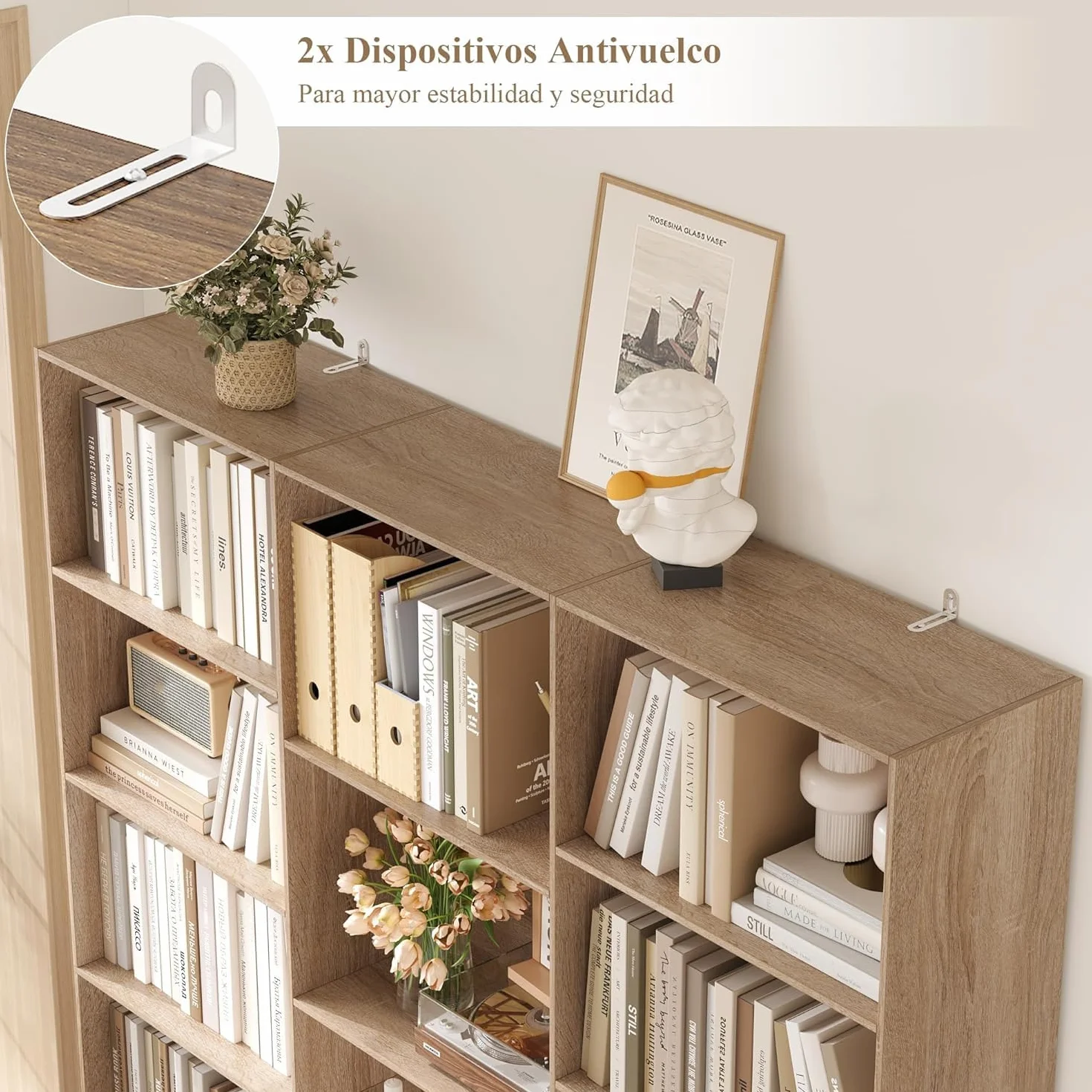 FirFurd 188cm Estantería Grande, Estanterías Almacenaje Madera, Librería, Estanterias para Libros, para Salón, Oficina y Estudio, 3 Filas, con 17 Compartimentos, 188 x 149 x 23,5 cm (Roble Claro)