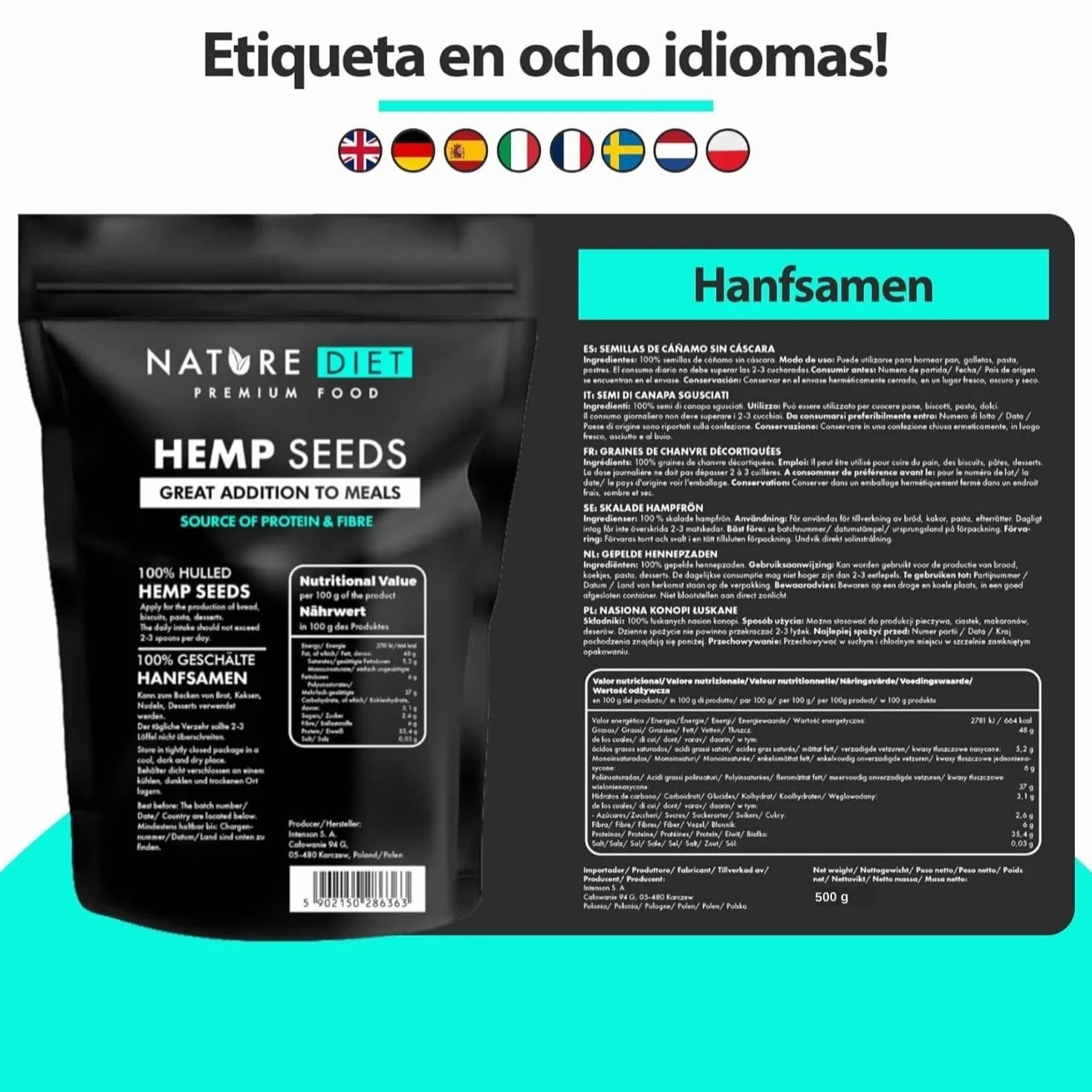 Nature Diet Semillas de Cáñamo Peladas 500 g Ricas en Proteínas Fibra Vegano Sin Gluten Sin Lactosa