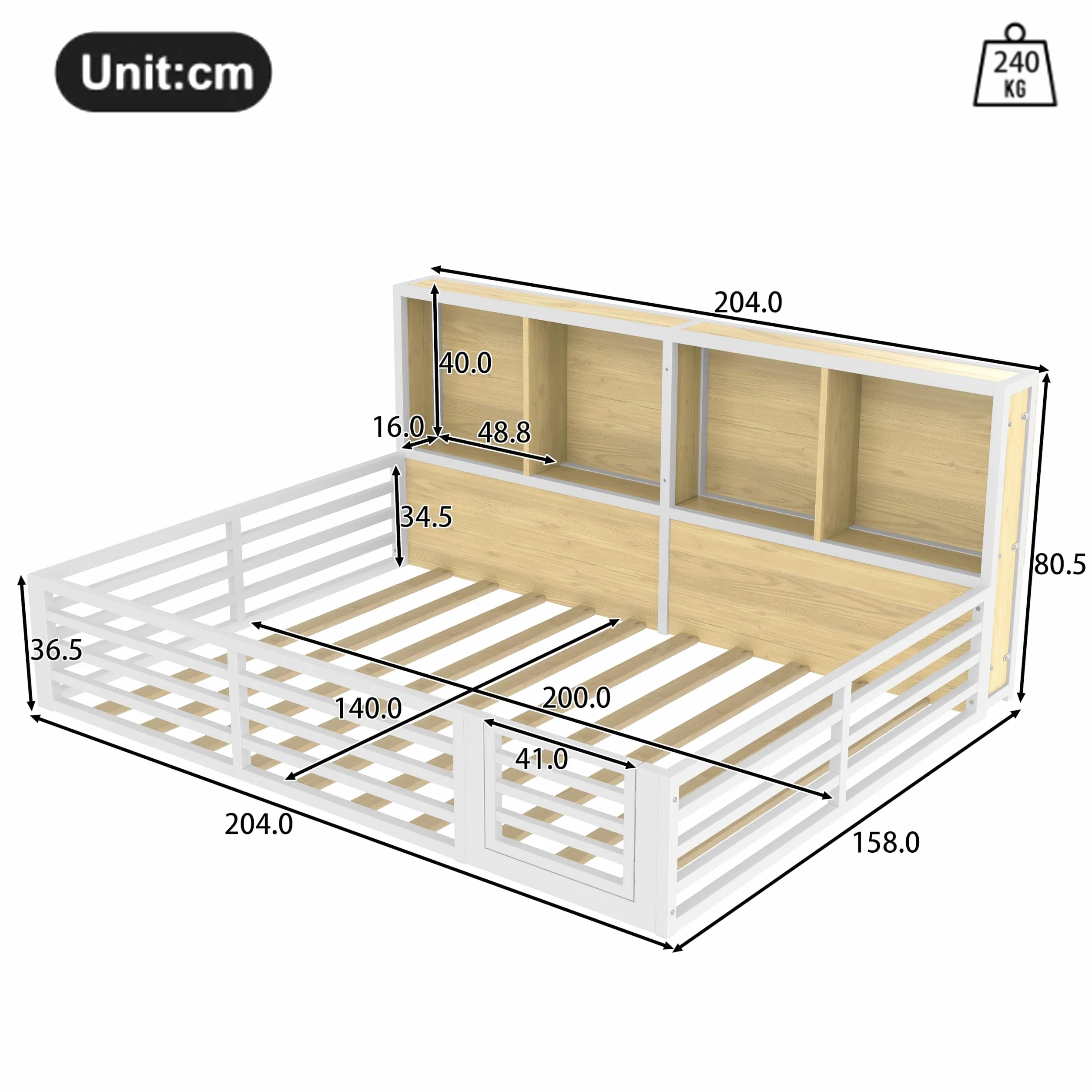 Montessori - Cama infantil (140 x 200 cm, con protección anticaída y somier, cama de casa con 4 compartimentos de almacenamiento, iluminación LED y puerta), color blanco, 140 x 200 cm