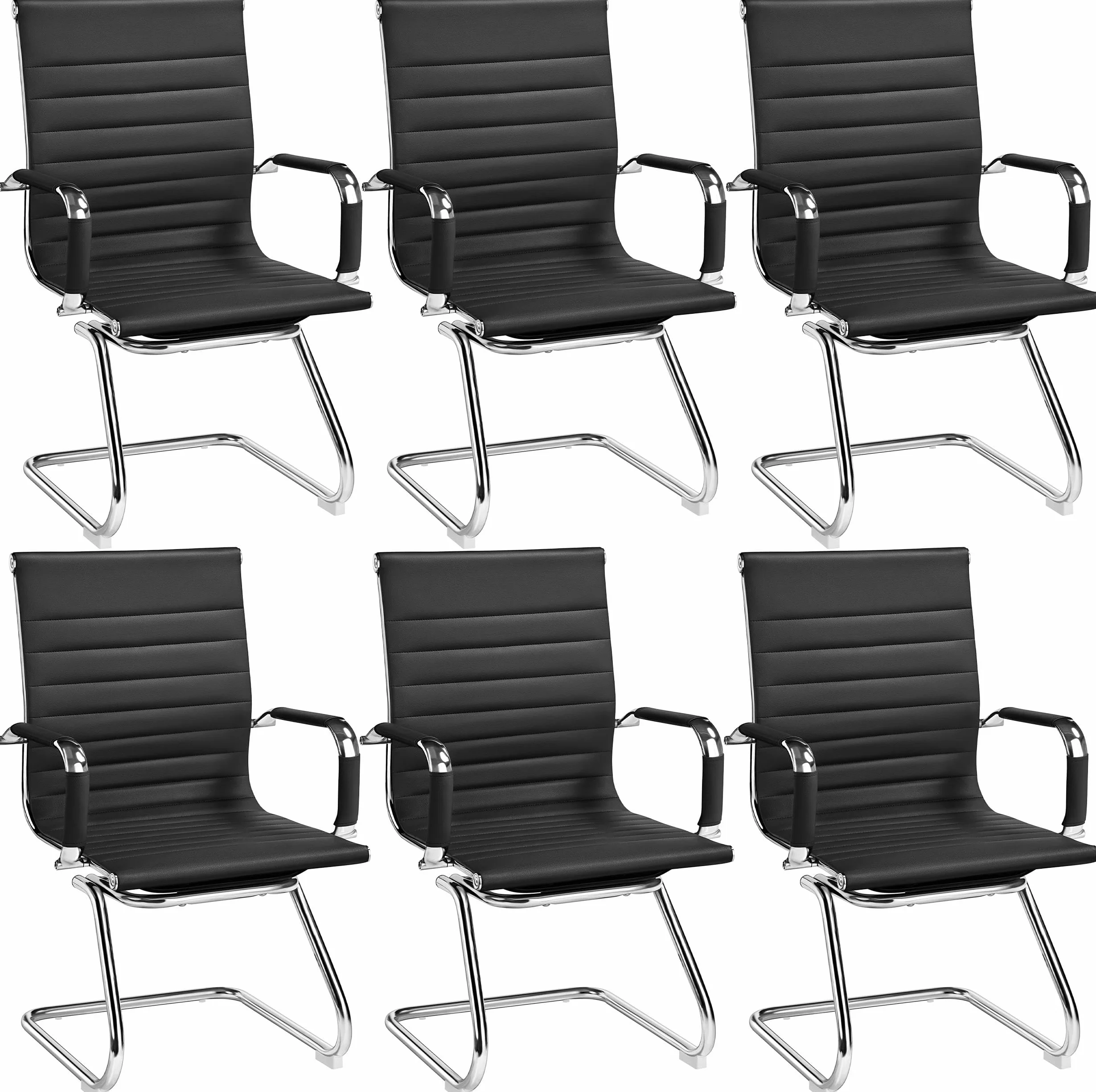 Yaheetech Juego de 6 sillas de comedor con reposabrazos, sillas de visitantes con estructura cromada, de poliuretano, silla de conferencia para comedor, dormitorio, salón, color negro