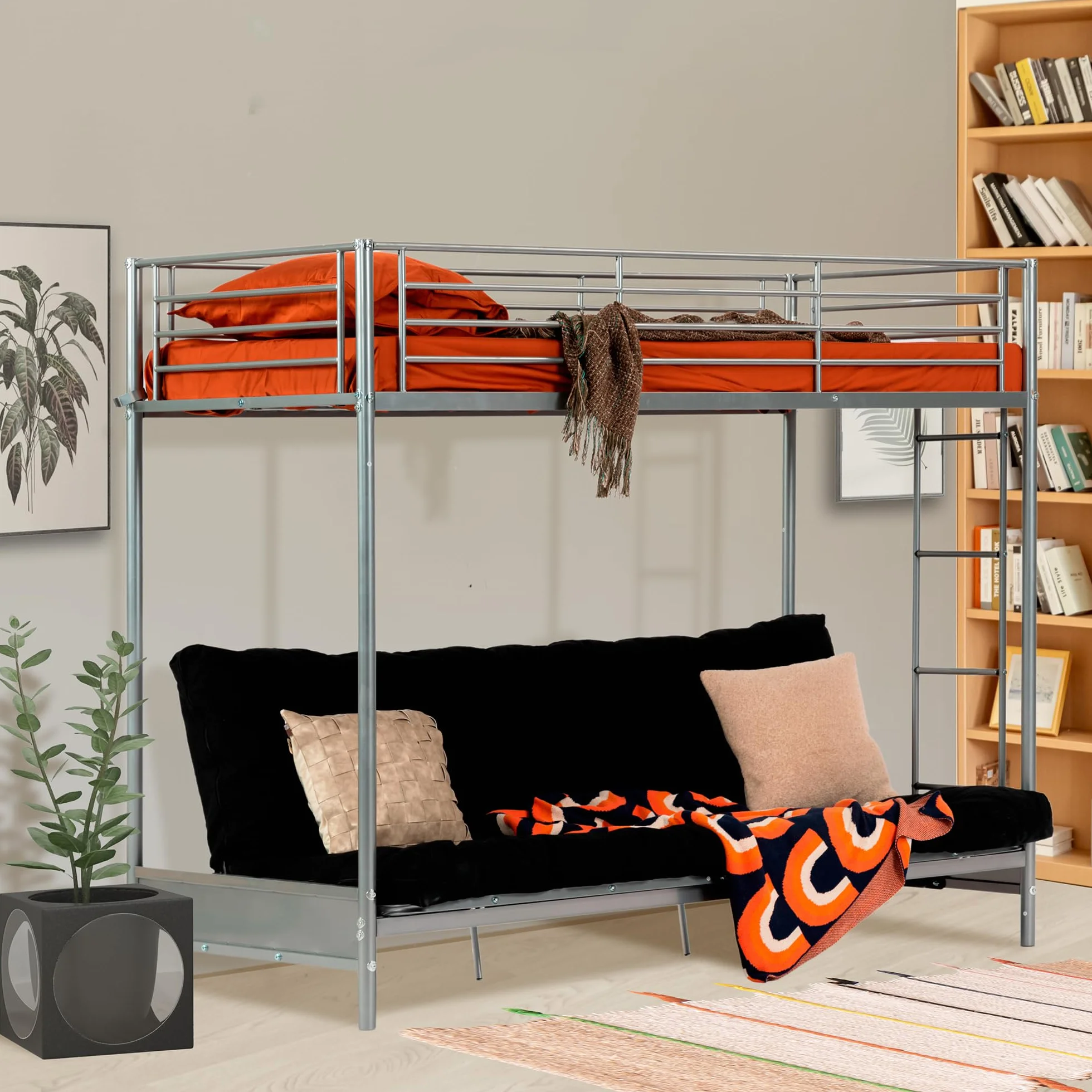 MEUBLE Cosy Literas Juveniles 90x190cm Marco de Cama con Sofá Plegable y Futón y Somier de Lamas de Metal, Estilo Industrial, para Dormitorio Infantil Hogar, Gris