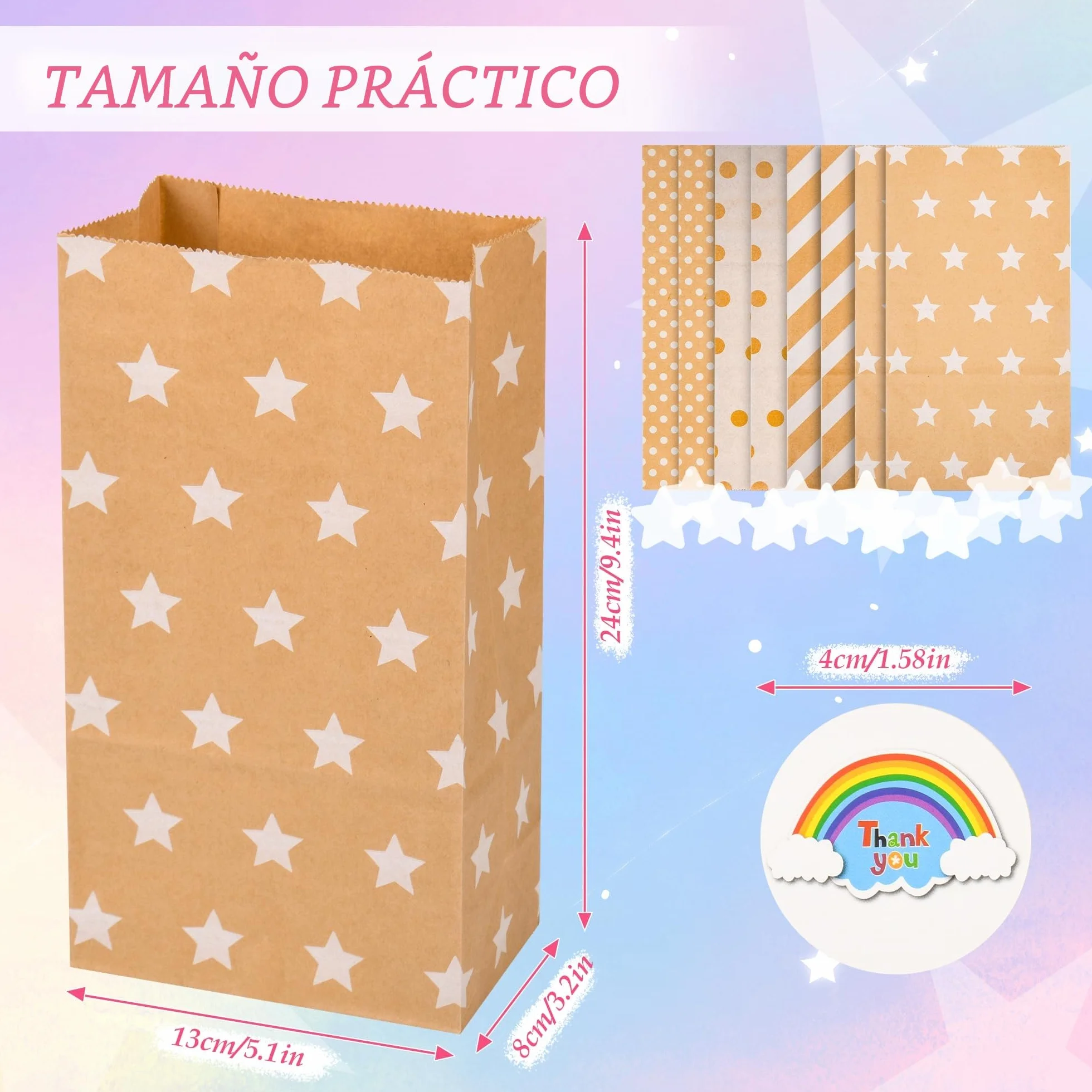 Aurinovellia 20 Piezas Bolsas de Papel Kraft, Bolsas Chuches Cumpleaños con 36 Pegatinas, Bolsa Dulce de Regalo, para Envolver Regalos, Regalos, Celebración, Boda, Fiesta
