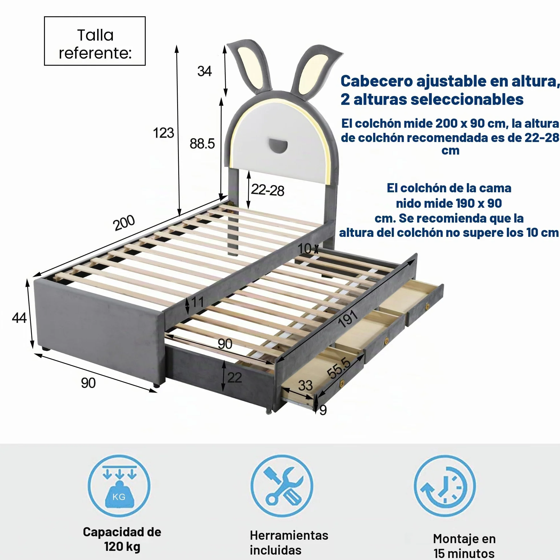 Azkoeesy Cama Infantil tapizada con Cama Nido y 3 cajones, con iluminación LED, diseño de Orejas de Conejo de Dibujos Animados, para 2 niños y niña, Funda de Terciopelo, 90x200 cm + 90x190 cm, Gris