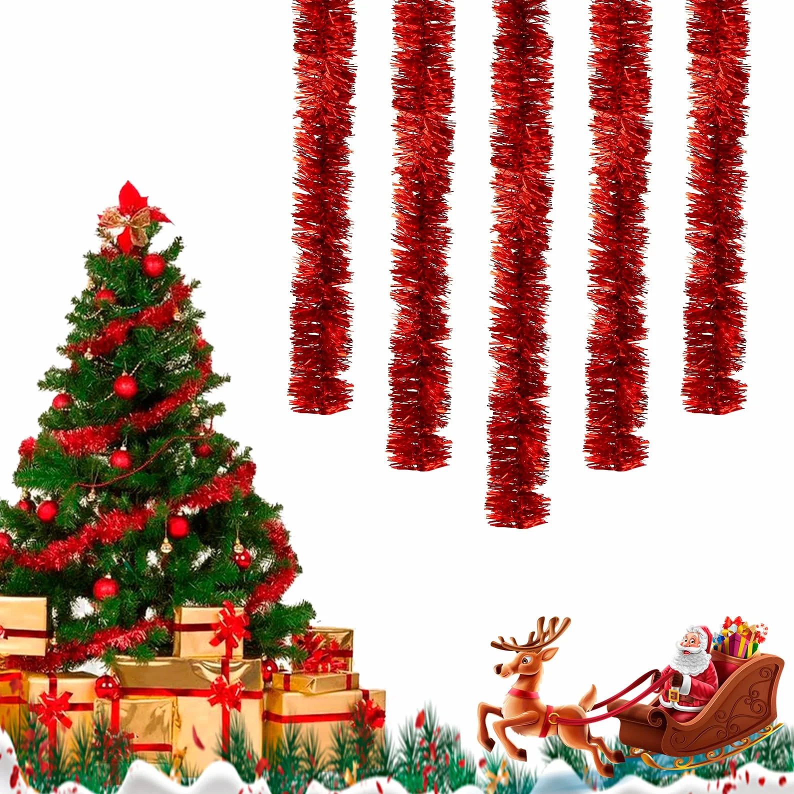 10 m de espumillón para árbol de Navidad rojo, guirnalda de Navidad, decoración de árbol de Navidad, guirnalda roja para árbol de Navidad, decoración navideña para exteriores (rojo)