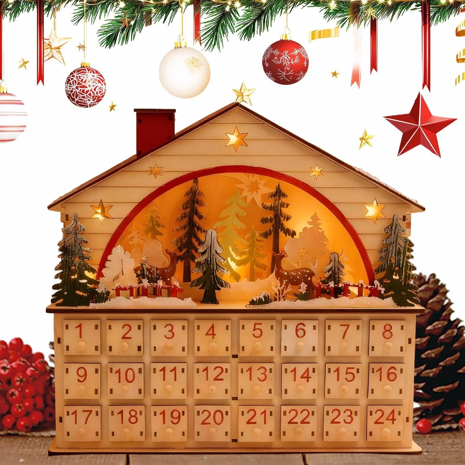 Cuenta Atrás Navidad 24 Días Gabinete de Escritorio Forma Casa Madera | Calendario de Cuenta Regresiva de Navidad con Cajones Celebración Apartamento Salón Hogar