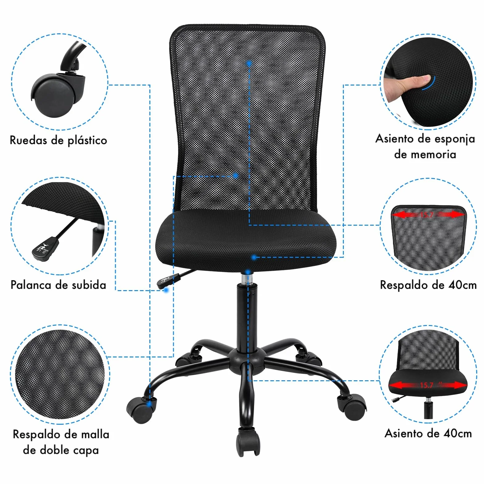 T-LoVendo Silla de Oficina Ergonómica Sin Reposabrazos Tela Transpirable con Ruedas Giratoria Negra