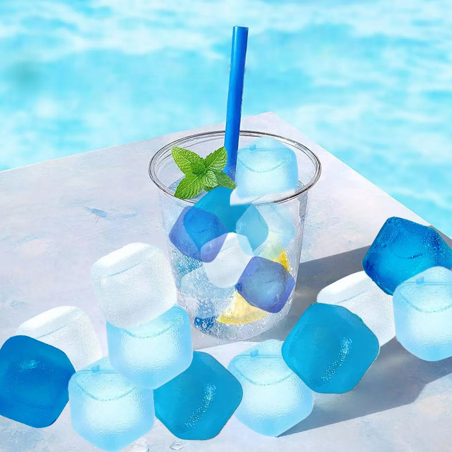 KEELYY 60 Piezas Cubitos de Hielo Reutilizables de Plástico para Fiestas, Azul