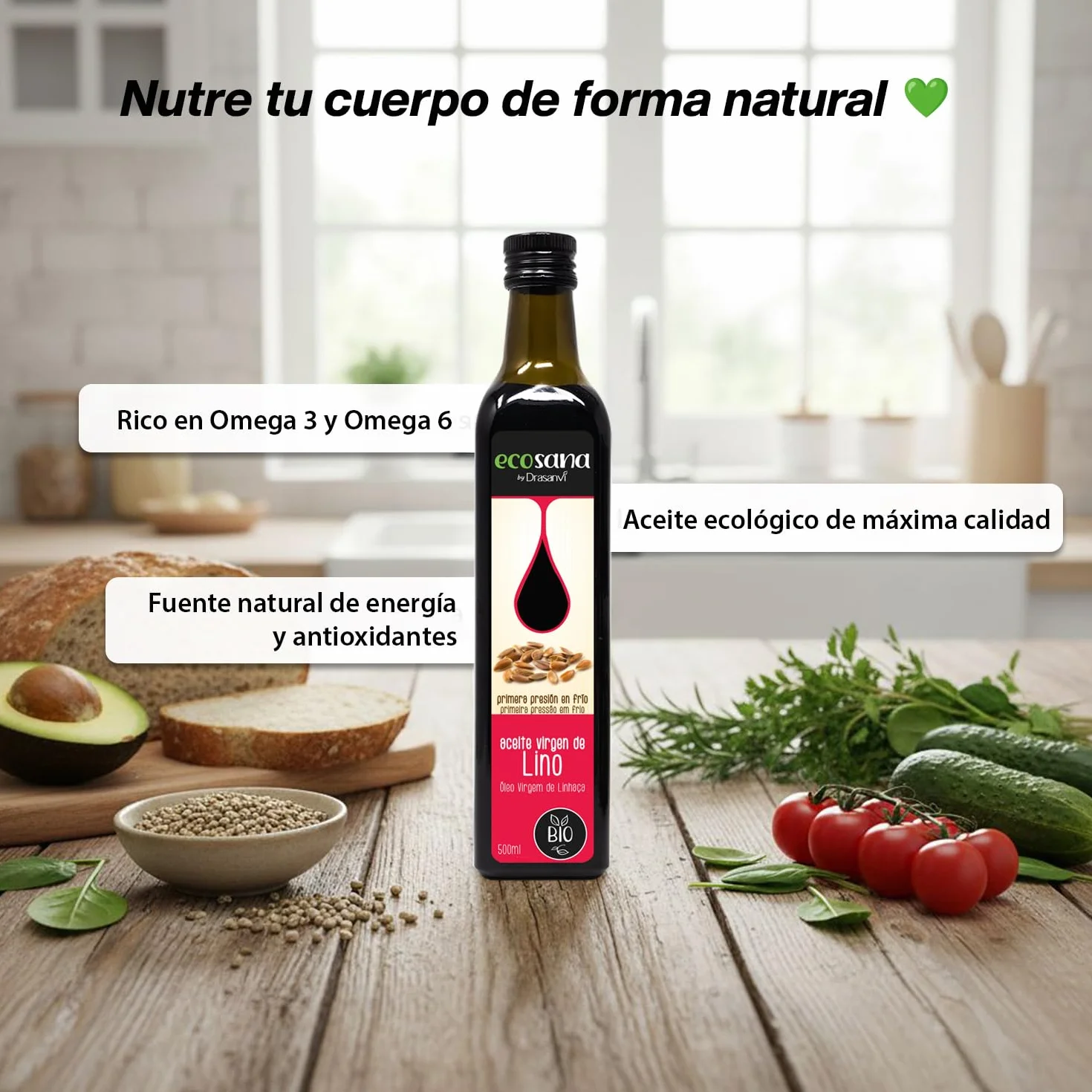 DRASANVI ECOSANA Aceite de Lino Bio 500 ml Omega 3 6 9 Laxante Natural Fitoestrogenos Protección Cardiovascular