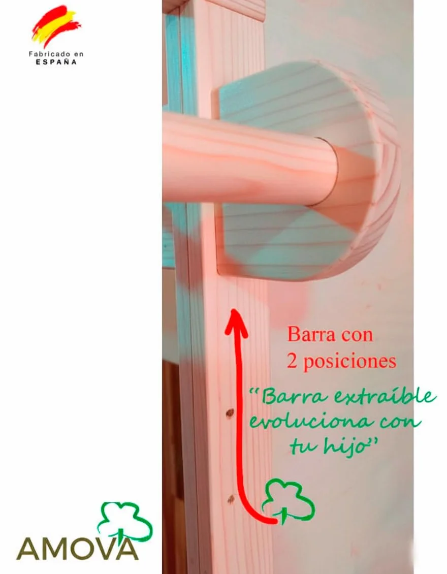 Espejo Montessori de Seguridad con Barra Ajustable Acabado Barniz – Certificado CE – Bebés +8 Meses –Muebles Montessori - Espejo irrompible Bebe - Seguridad Infantil - Desarrollo Motor