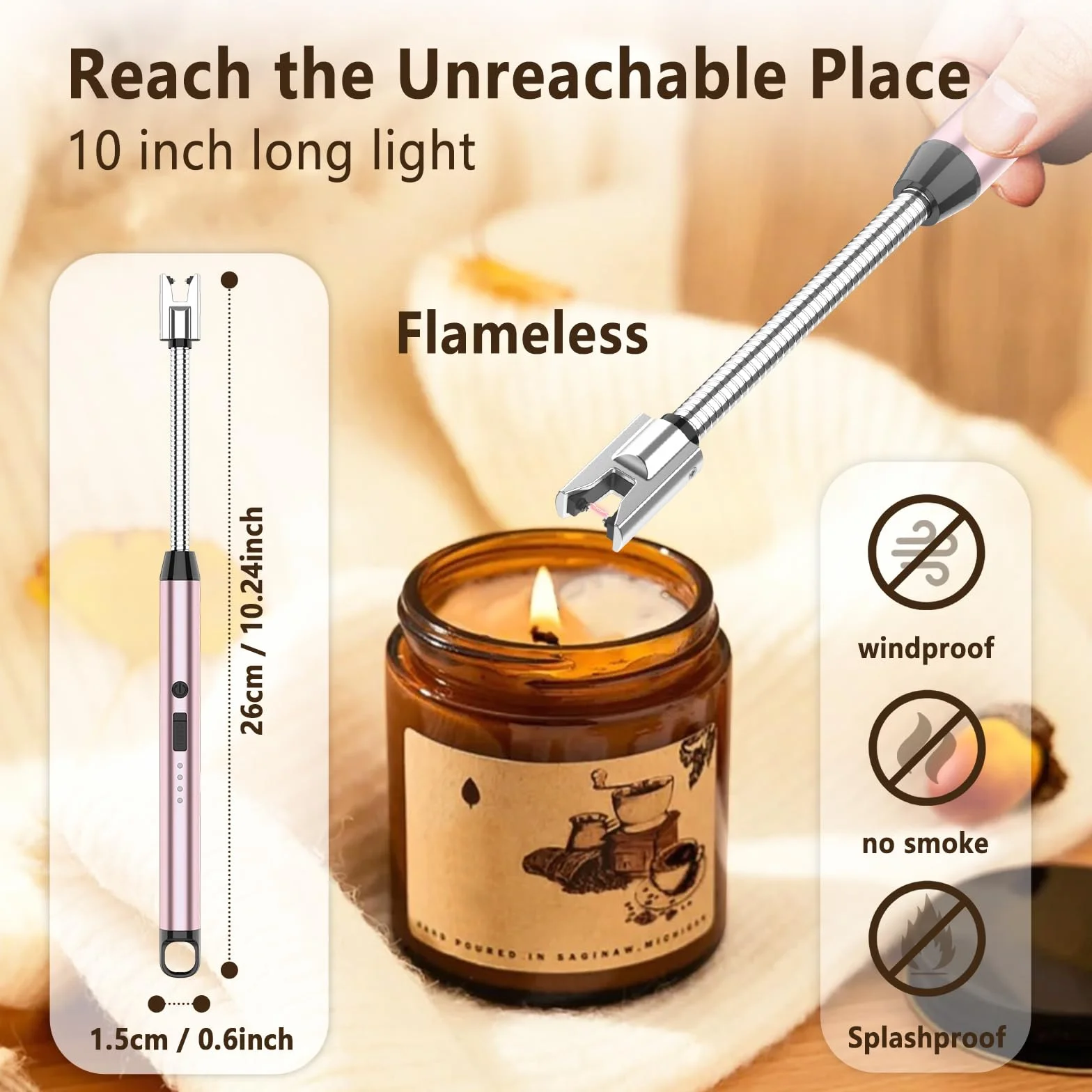 Encendedor Electrico USB Mechero, GeeRic Encendedor de Arco Eléctrico Recargable con Indicador LED, Recargable Mechero de Velas para Cocina de Gas,Chimenea, Barbacoa（Oro Rosa）