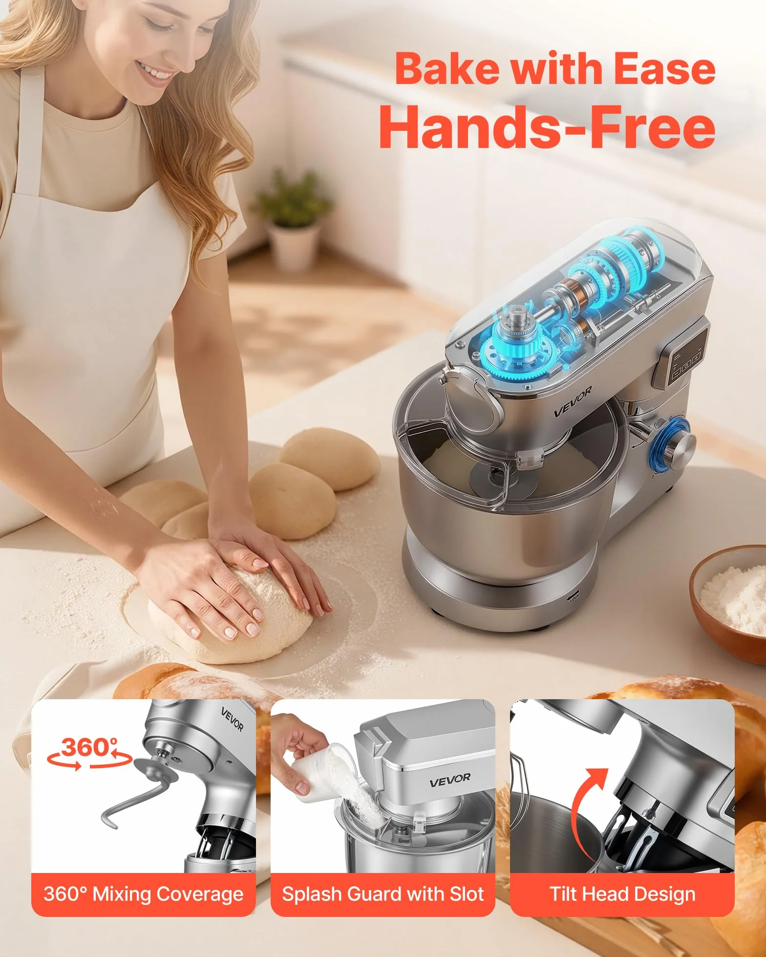 VEVOR Procesador de Alimentos Eléctrico Multifuncional de 1500 W, con Bol de Acero Inoxidable 5,7 L y Bol para Mezclar 1,5 L, 6 Velocidades + P, Gancho para Amasar, Batidor de Varillas y el Plano