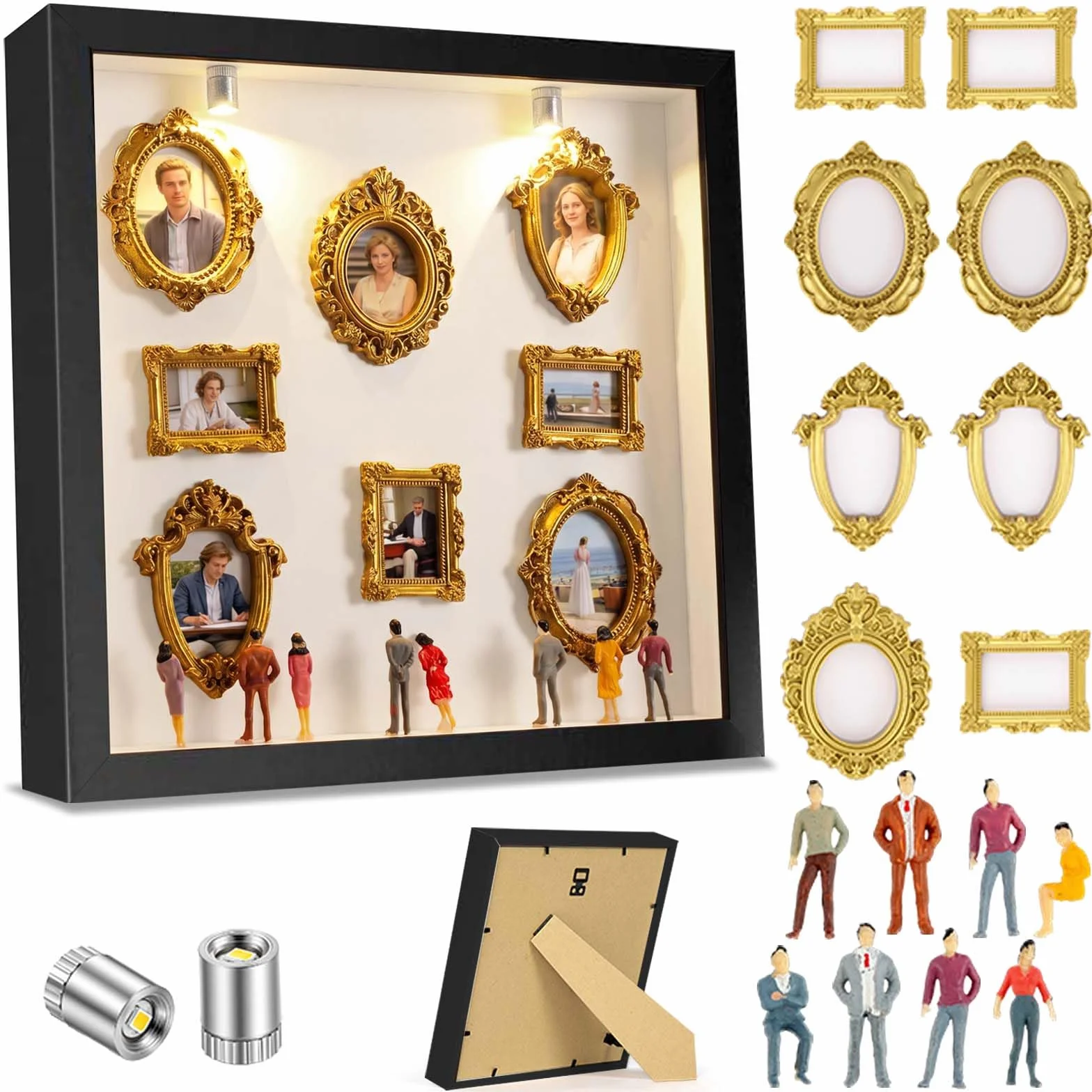 Aolso DIY Mini Museum Silhouette Box, Cuadros Cajas de Sombra de Foto Personalizada con 8 Cifras de Museo y 8 Marcos Dorados, Luces Led, para Decoración del hogar, Aniversarios, Cumpleaños, Negro