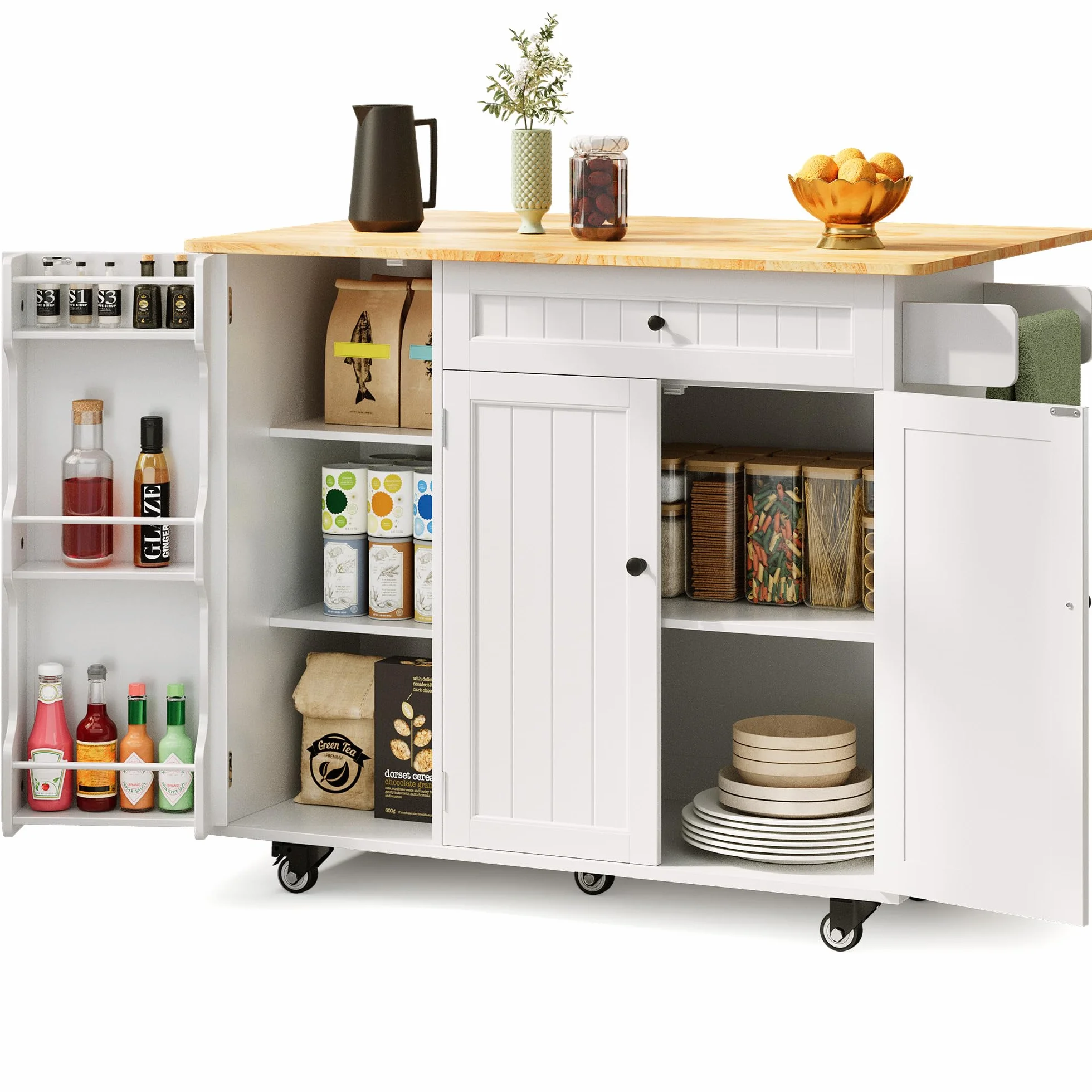 Xbro Isla Cocina con Ruedas, Mueble Auxiliar Cocina con Tablero Abatible, 1 Cajón y Estante, Isla de Cocina Compacta y Versátil, 130 x 75 x 88 cm, Blance