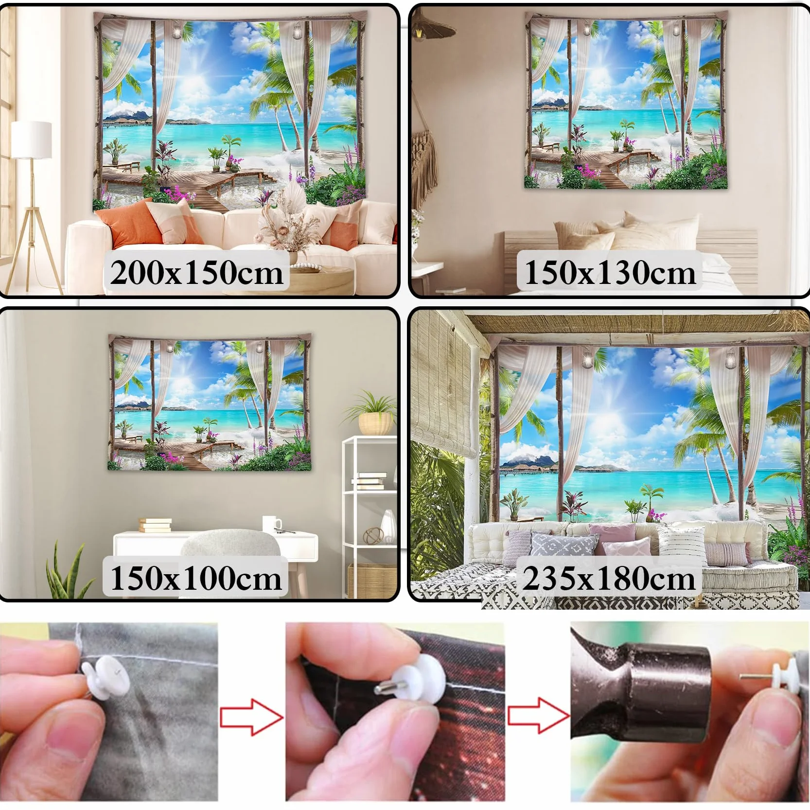 Tapiz de Pared Océano turquesa 200x150cm Colgar Pared Playa Tela Paisaje Isla Tropical Decoración Sala Dormitorio