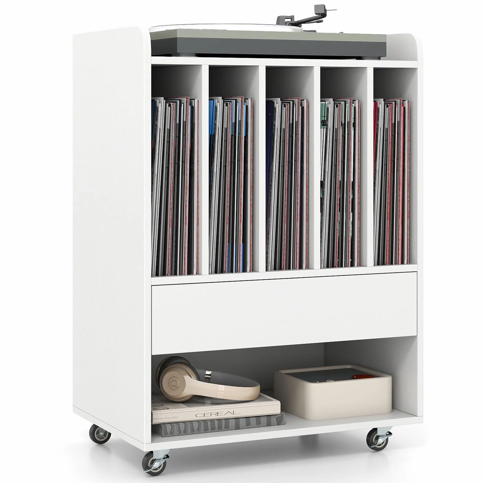 KOMFOTTEU Soporte para Tocadiscos con Ruedas, Mesa Auxiliar, 5 Compartimentos, Cajón, Estante Inferior, Ganchos, Armario de Almacenamiento, 52 x 35,5 x 73 cm, Blanco