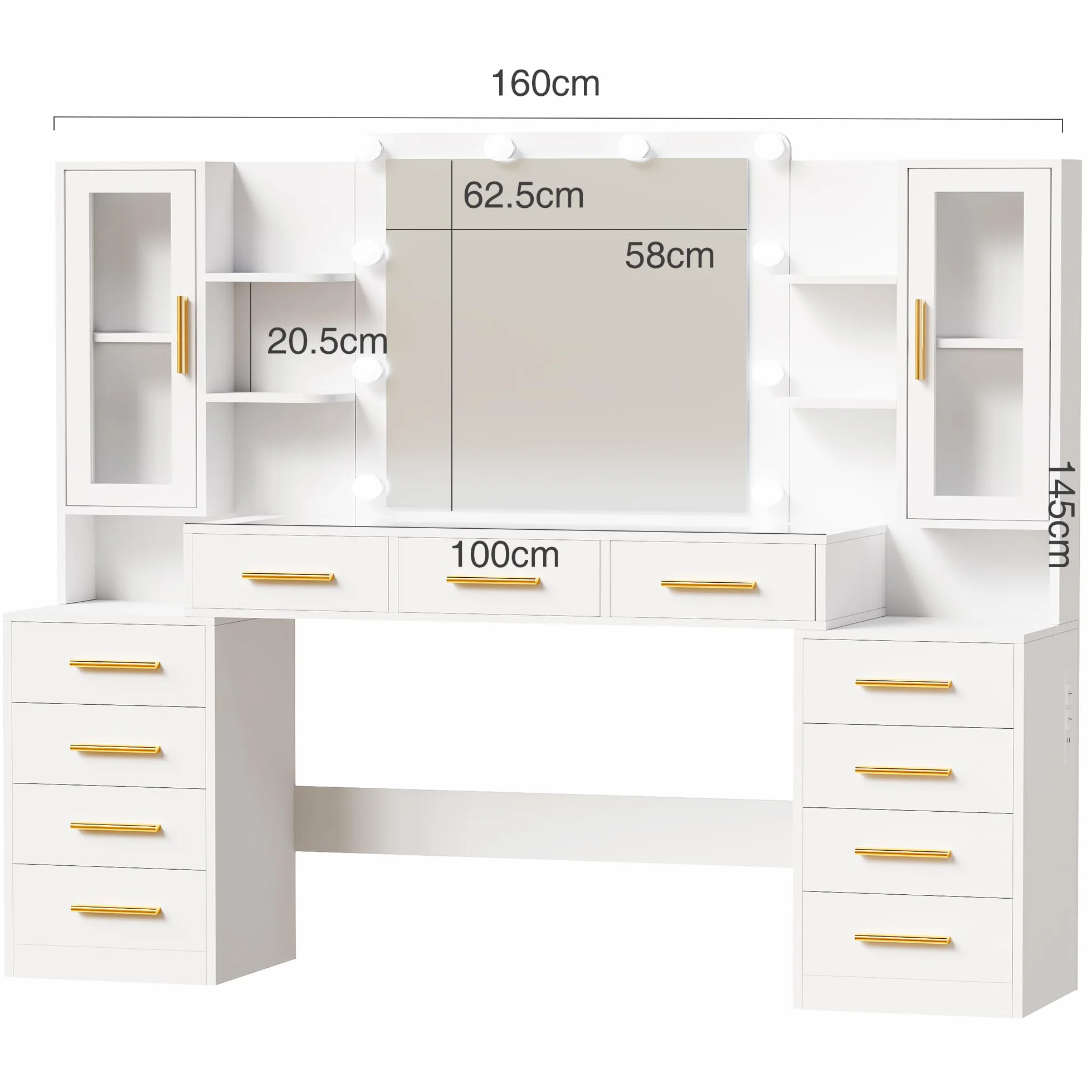 ANWBROAD Grande Tocador con Espejo y Luz, Mesa de Maquillaje con 11 Cajones y Enchufes, Blanco BDT27W