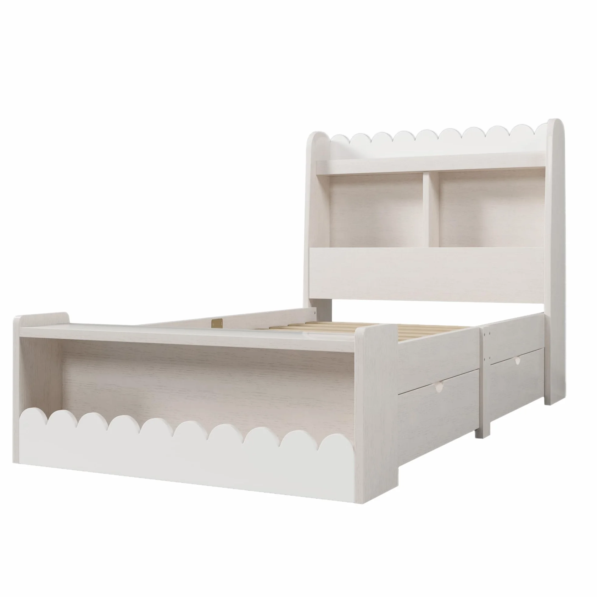 Cama individual de 90 x 190 cm, con cajones, estantería y banco con almacenamiento, cama de madera, marco de cama y somier de madera, color blanco con color roble (sin colchón)