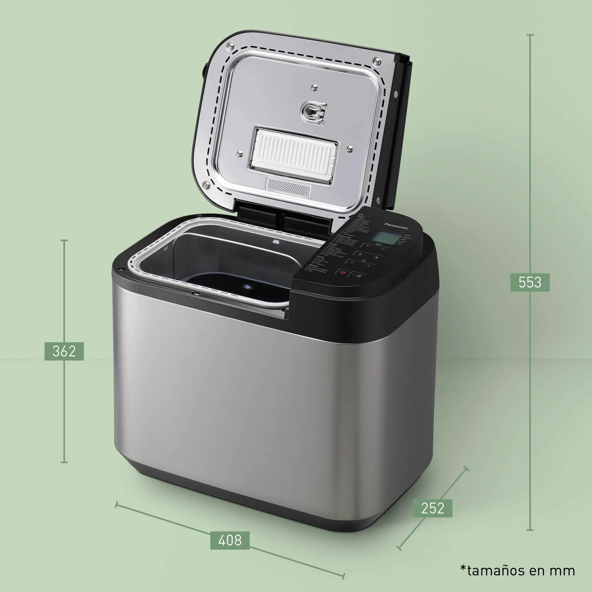 Panasonic SD-YR2550SXE Panificadora Automática con Dispensador, 850 W, Sensor de Temperatura, Temporizador Digital 13H, 31 Programas, Plateado