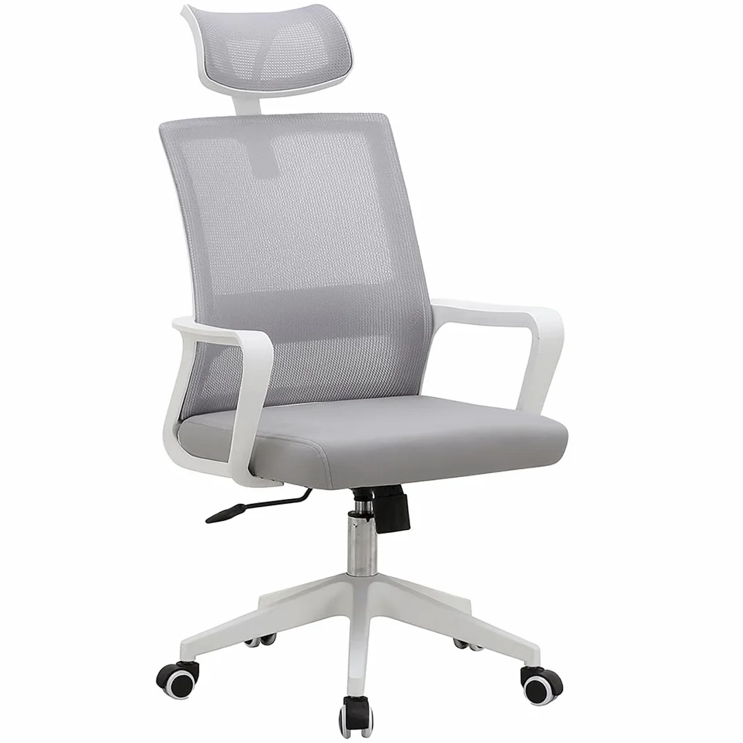 Silla de Oficina Ergonómica Acomoda Textil con Respaldo de Malla, Asiento Tapizado, Altura Regulable, Base Resistente con Ruedas, Blanco-Gris