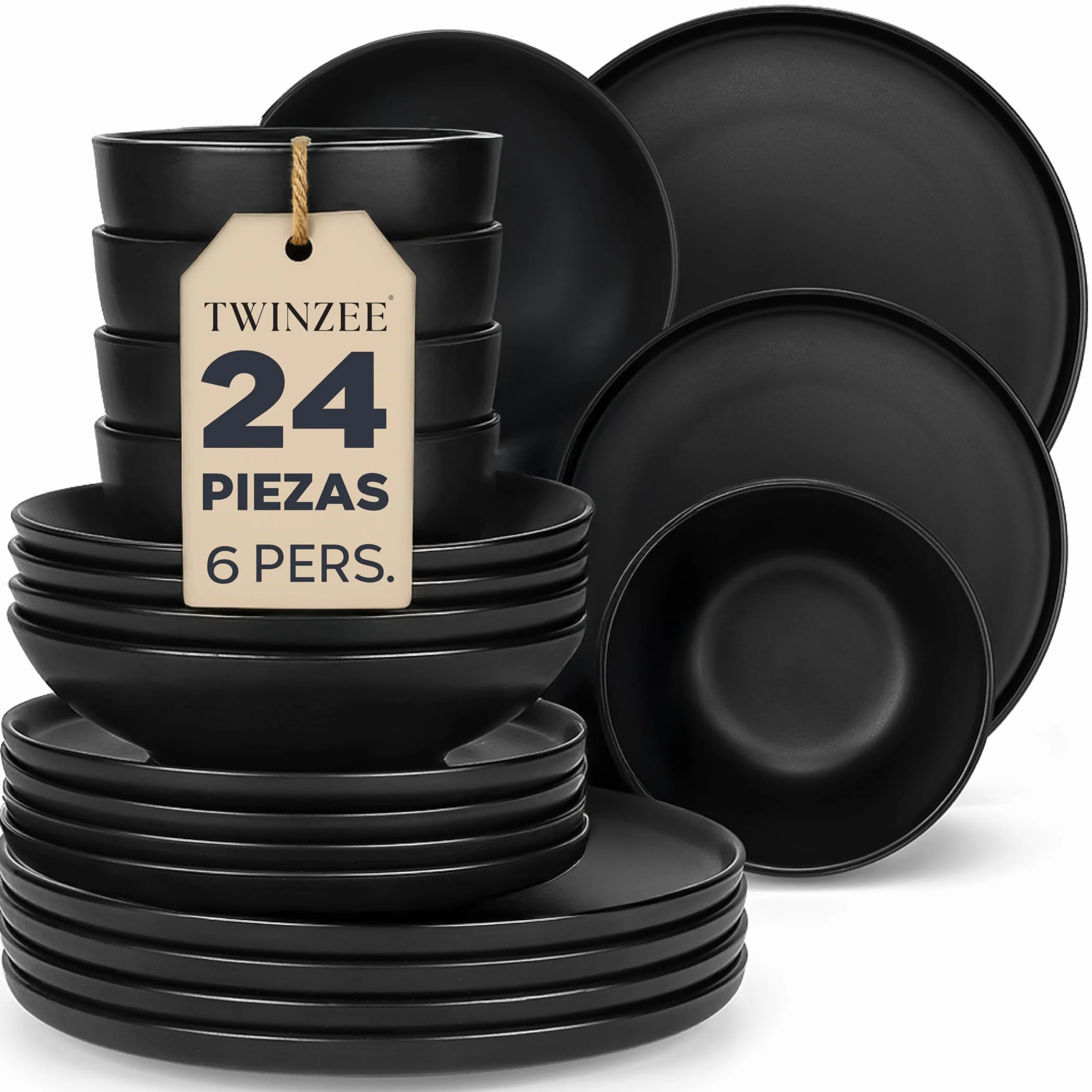 Twinzee Vajillas Completas 6 Personas, 24 Piezas - Aptos para Microondas - Vajilla Negra Mate - Set de Platos Elegante y Funcional - Colección Ebony