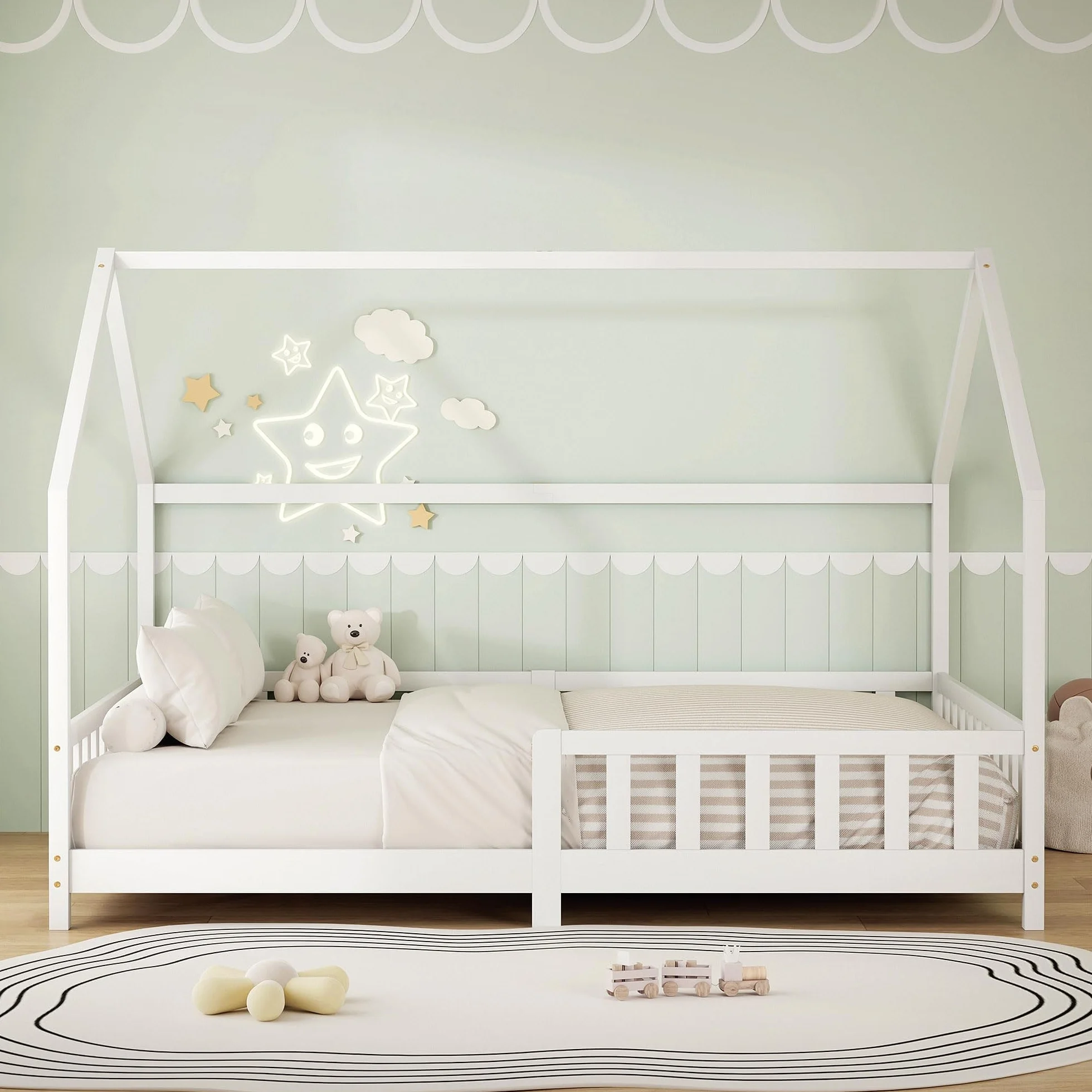 ML-Design Cama Infantil 140x200cm Blanco, con Protección Anticaída, Techo y Somier, Estructura Listones de Madera de Maciza de Pino Lecho Doble Montessori Forma de Casa Mobiliario Juvenil, para Niños