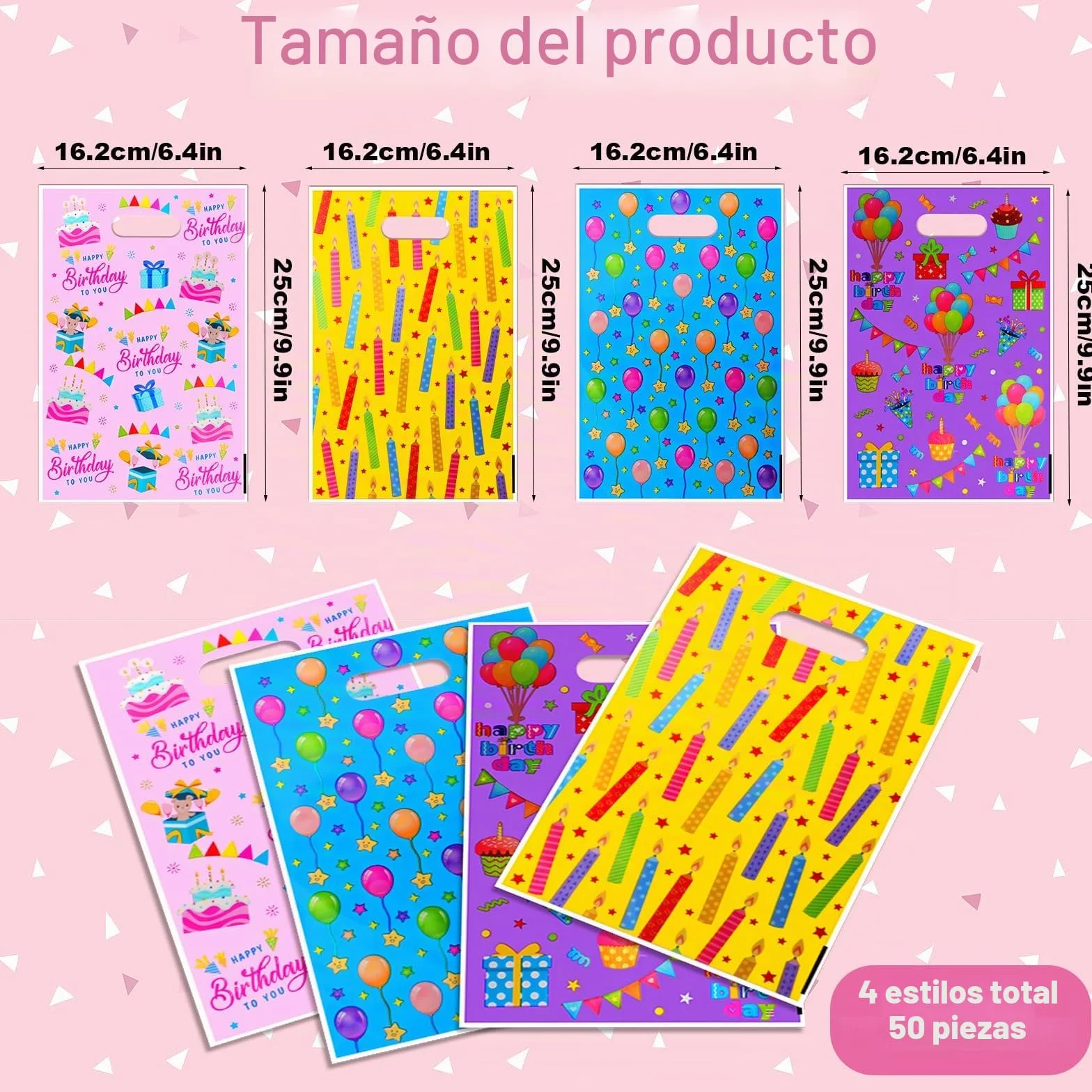 Annhao 50 Piezas Bolsas Cumpleaños Infantil, Bolsas Regalo Cumpleaños de Chuches Galletas, Bolsitas Infantiles para Regalos Fiestas de Cumpleaños, Navidad, Bodas, Celebraciones (4 Colores)