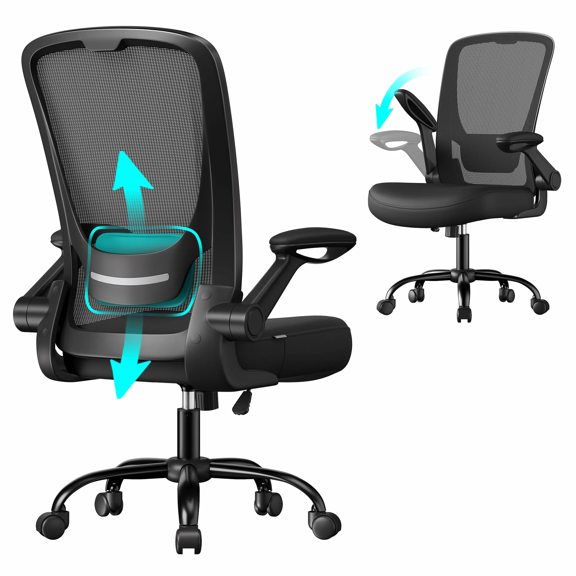 SONGMICS Silla de Oficina Ergonómica de Malla Giratoria con Soporte Lumbar, Asiento 53 cm, Apoyabrazos Abatibles, Negro