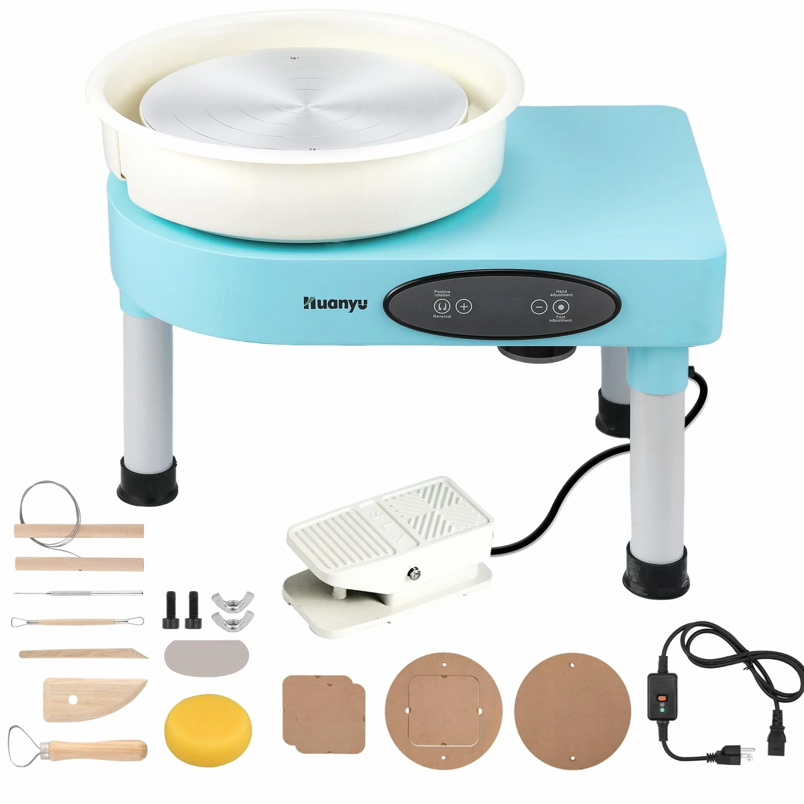 Huanyu Volante de Alfarería de 30cm con Patas Ajustables y Pedal 350W Máquina Eléctrica de Cerámica con Cubeta Desmontable 0-320RPM Máquina Formadora de Cerámica con Kit de Herramientas de Alfarería